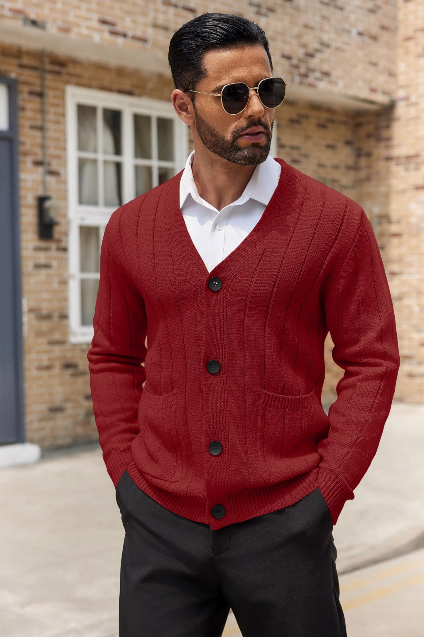 COOFANDY Men's Cardigan Sweater Cable Knit V Neck Button up Sweaters Ribbed Cardigan Sweater with Pockets