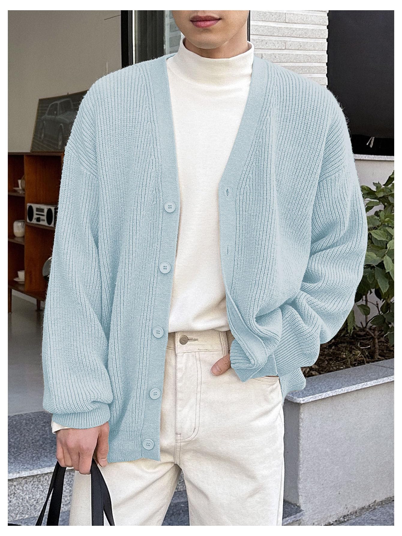 Floerns Men's Casual Long Sleeve Button Front V Neck Rib Knit Cardigan Sweaters