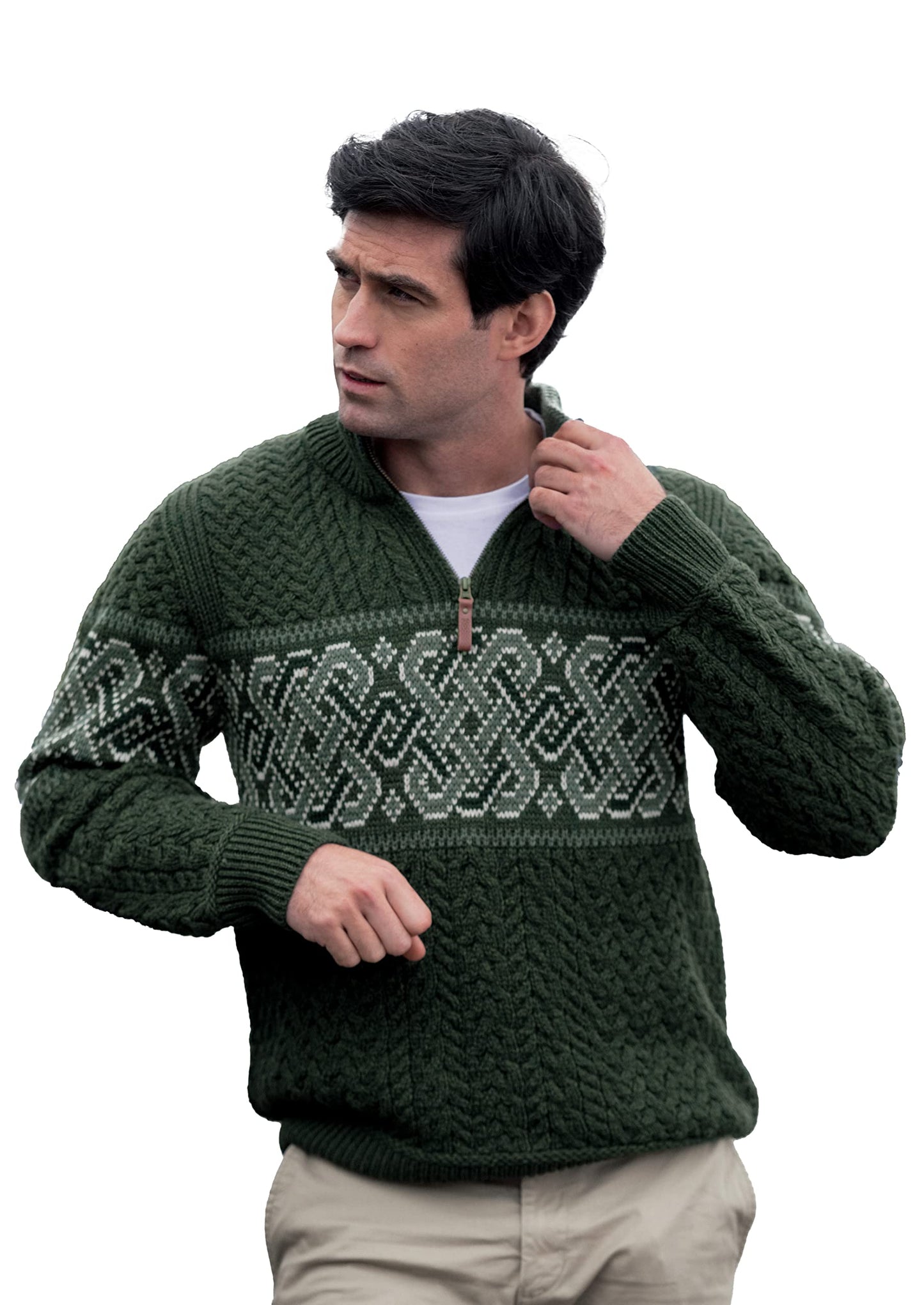 Aran Crafts Men's Irish Cable Knit Half Zip Jacquard Sweater (100% Merino Wool)