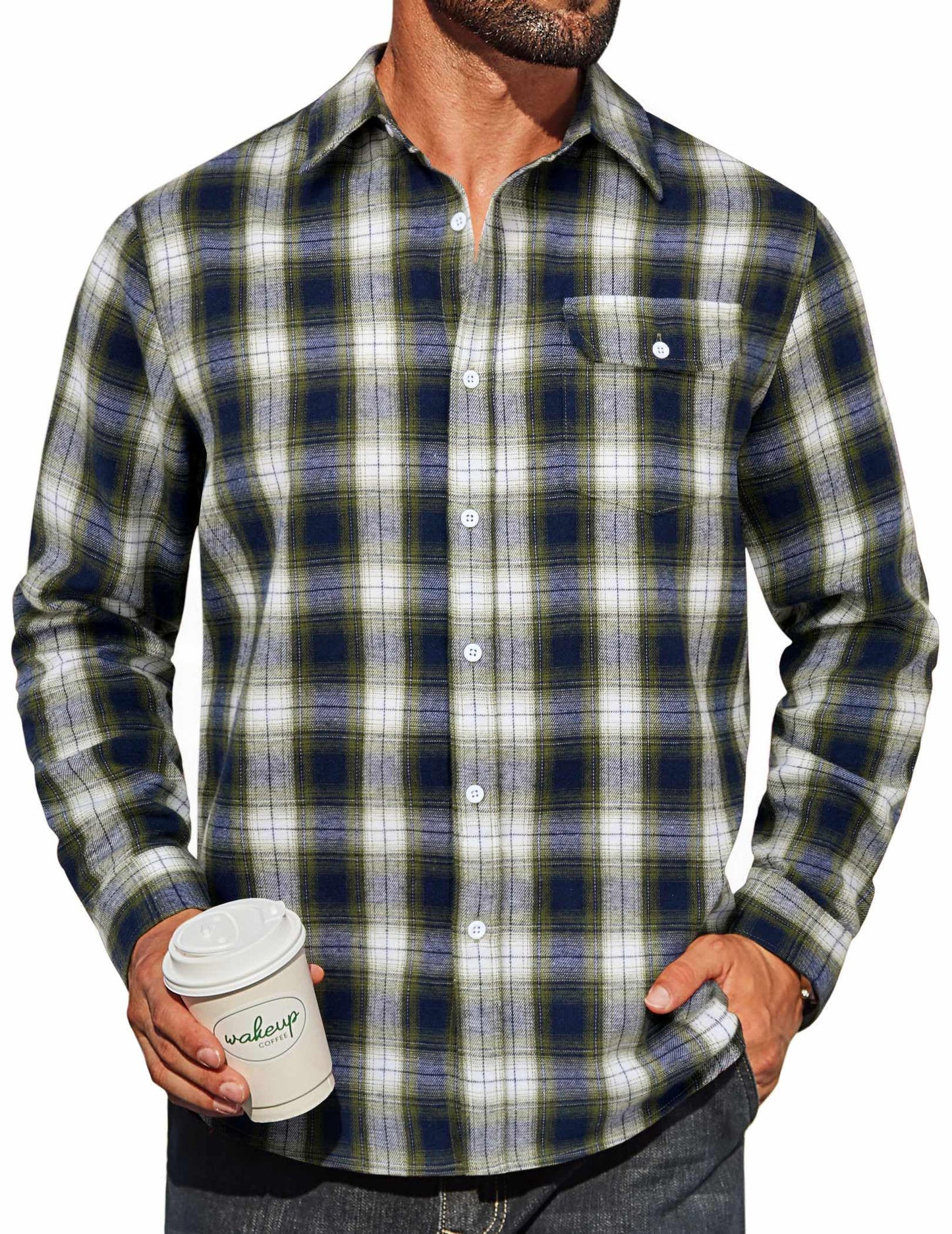 COOFANDY Mens Flannel Plaid Shirts Long Sleeve Casual Button Down Cotton Shirt with Pocket