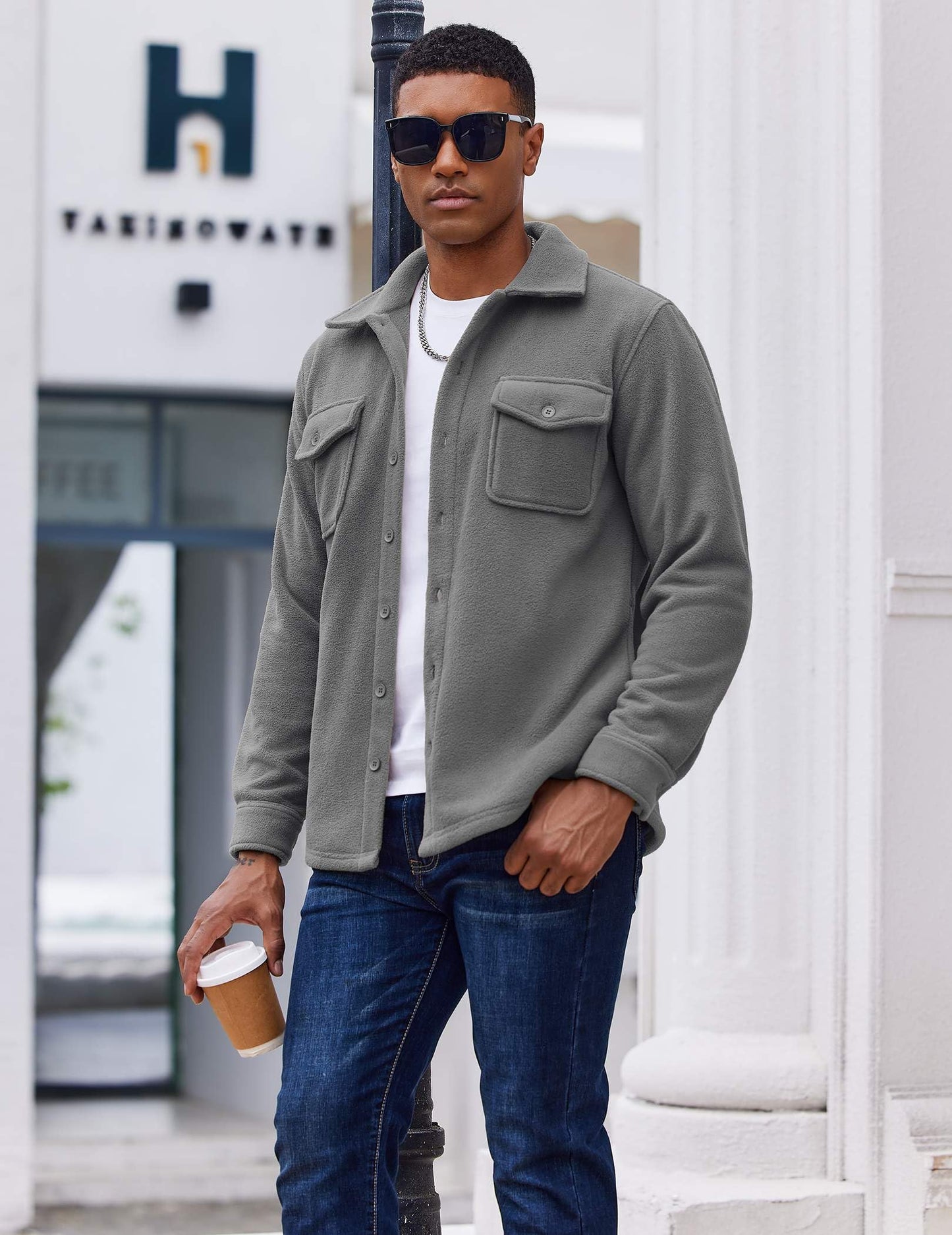 COOFANDY Men's Polar Fleece Shirt Jacket Long Sleeve Casual Button Down Shirts Shacket with Pockets