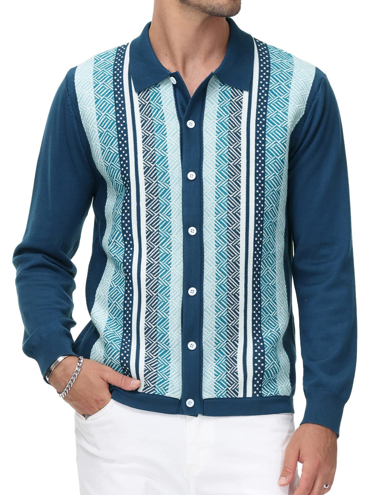 PJ PAUL JONES Men‘s Button Down Polo Shirts Striped Knitted Cardigan Sweaters
