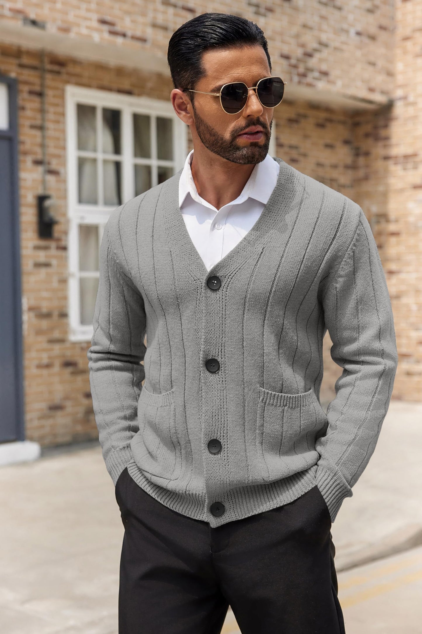 COOFANDY Men's Cardigan Sweater Cable Knit V Neck Button up Sweaters Ribbed Cardigan Sweater with Pockets