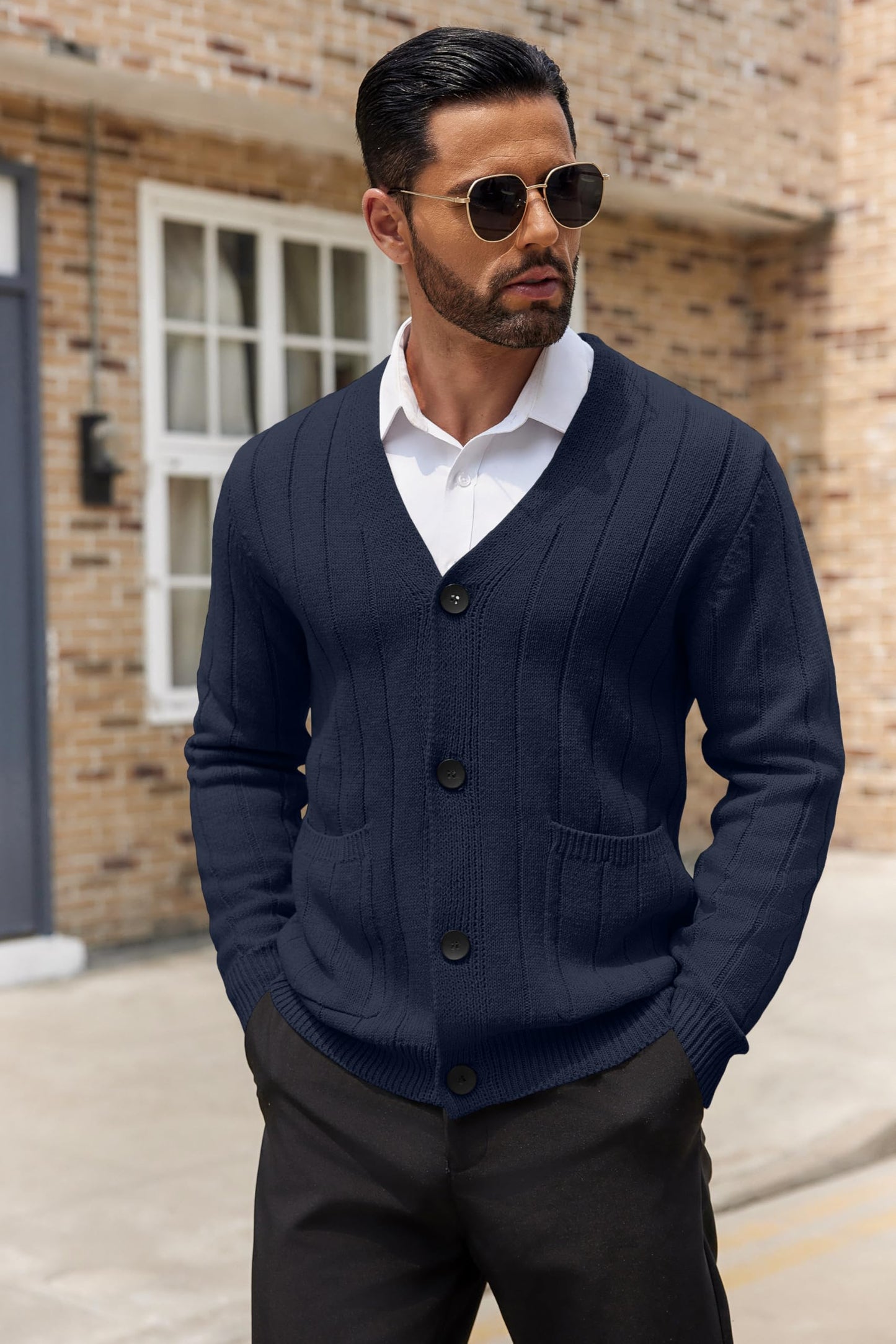 COOFANDY Men's Cardigan Sweater Cable Knit V Neck Button up Sweaters Ribbed Cardigan Sweater with Pockets