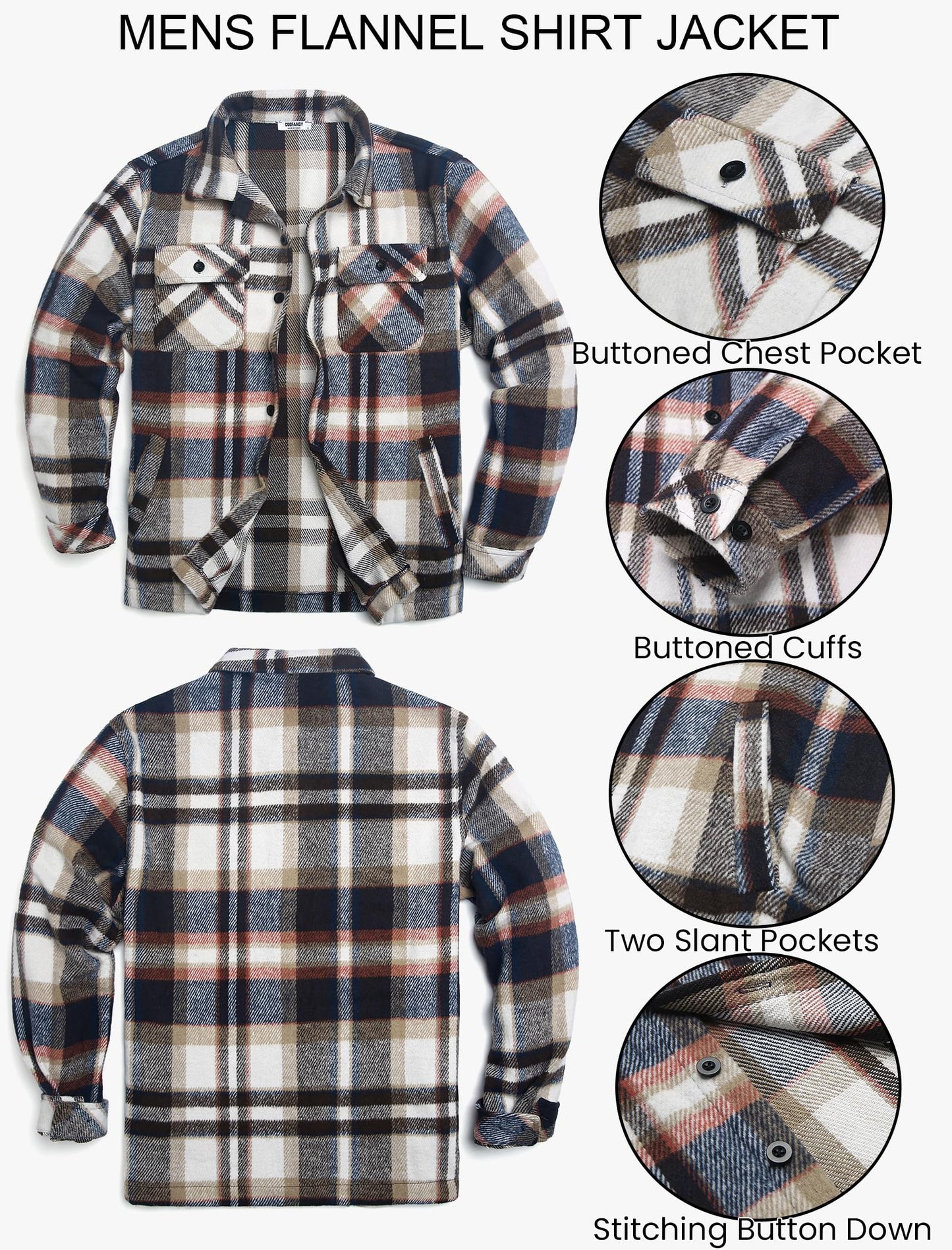 COOFANDY Men's Flannel Jacket Long Sleeve Plaid Shirt Jackets Button Down Fleece Shacket Casual Fall Soft Outwear