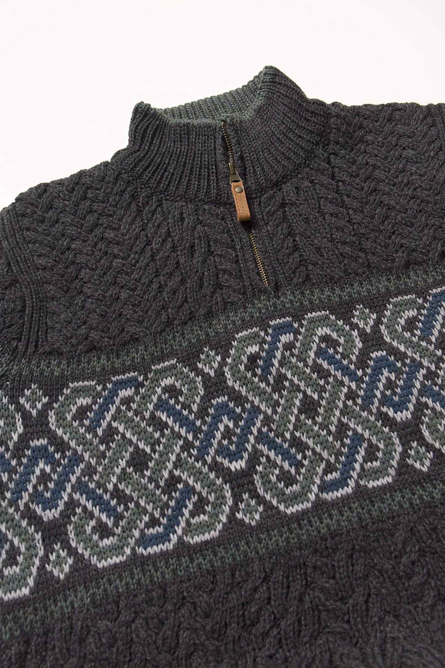 Aran Crafts Men's Irish Cable Knit Half Zip Jacquard Sweater (100% Merino Wool)