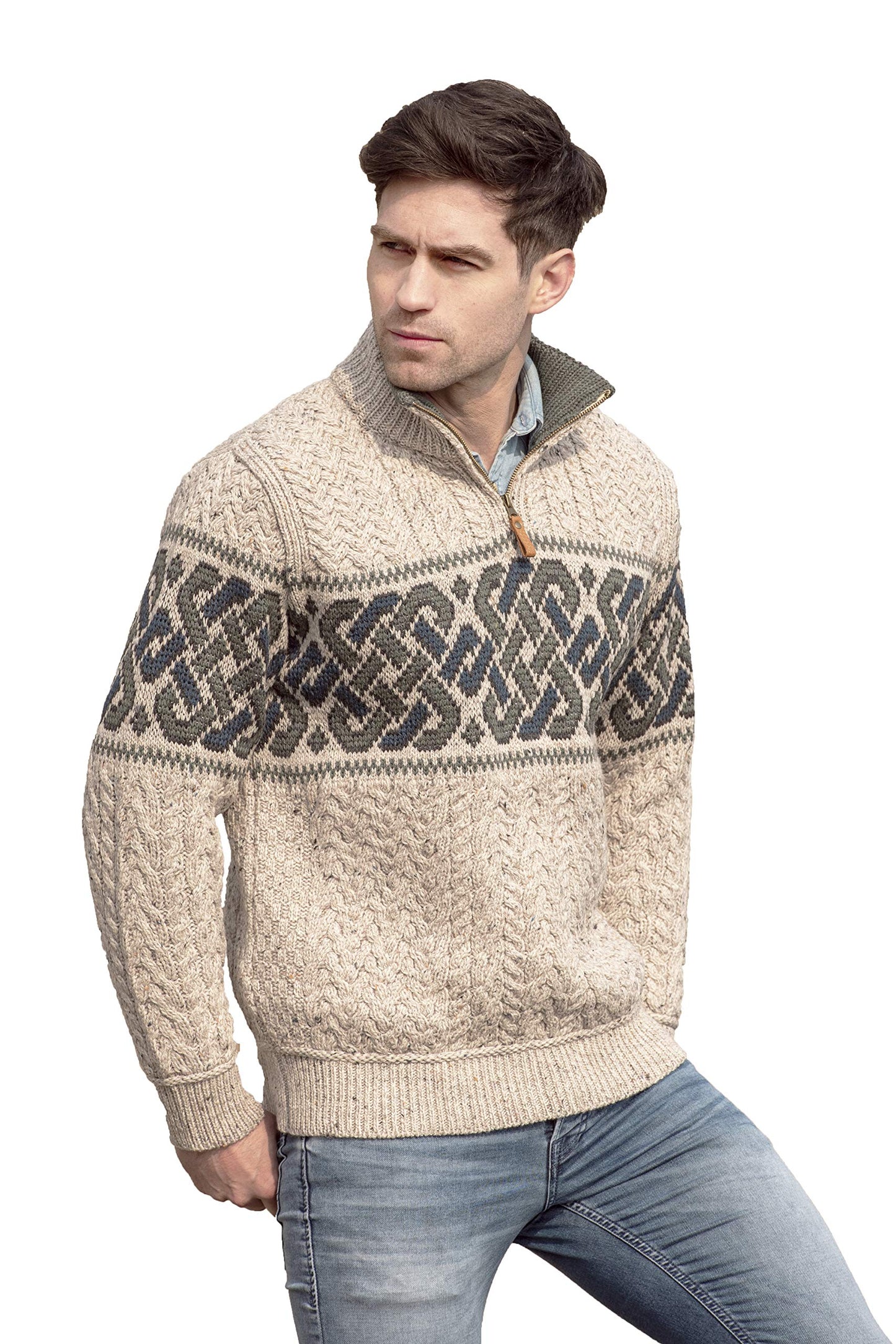 Aran Crafts Men's Irish Cable Knit Half Zip Jacquard Sweater (100% Merino Wool)