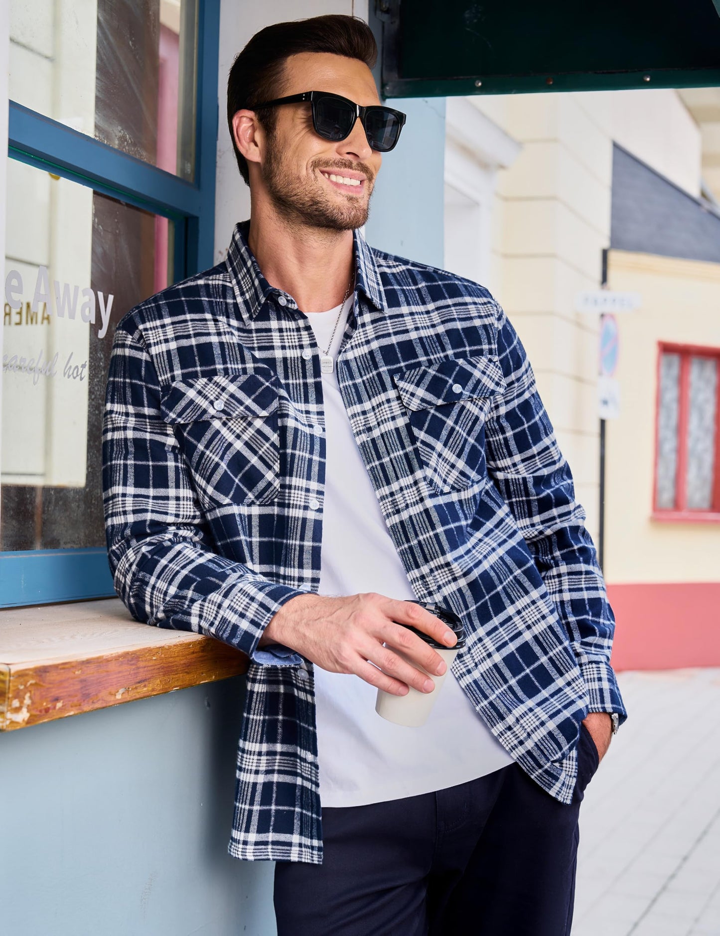 MAGCOMSEN Men's Flannel Shirts Cotton Long Sleeve Plaid Shirt Casual Fashion Button Up Shirts Jackets with 2 Pockets