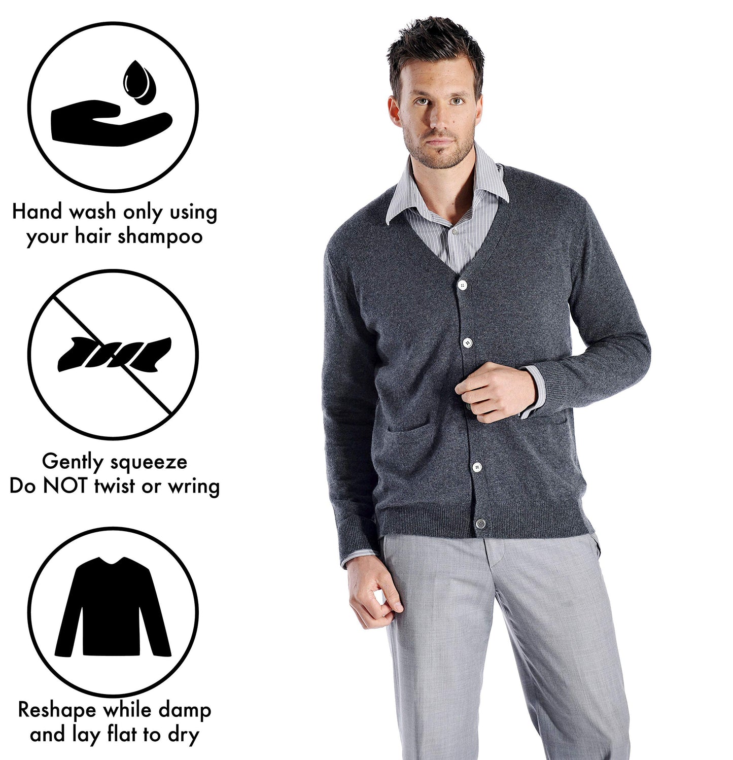 Cashmere Boutique Men's 100% Pure Cashmere Front Button Long Sleeve Cardigan Sweater