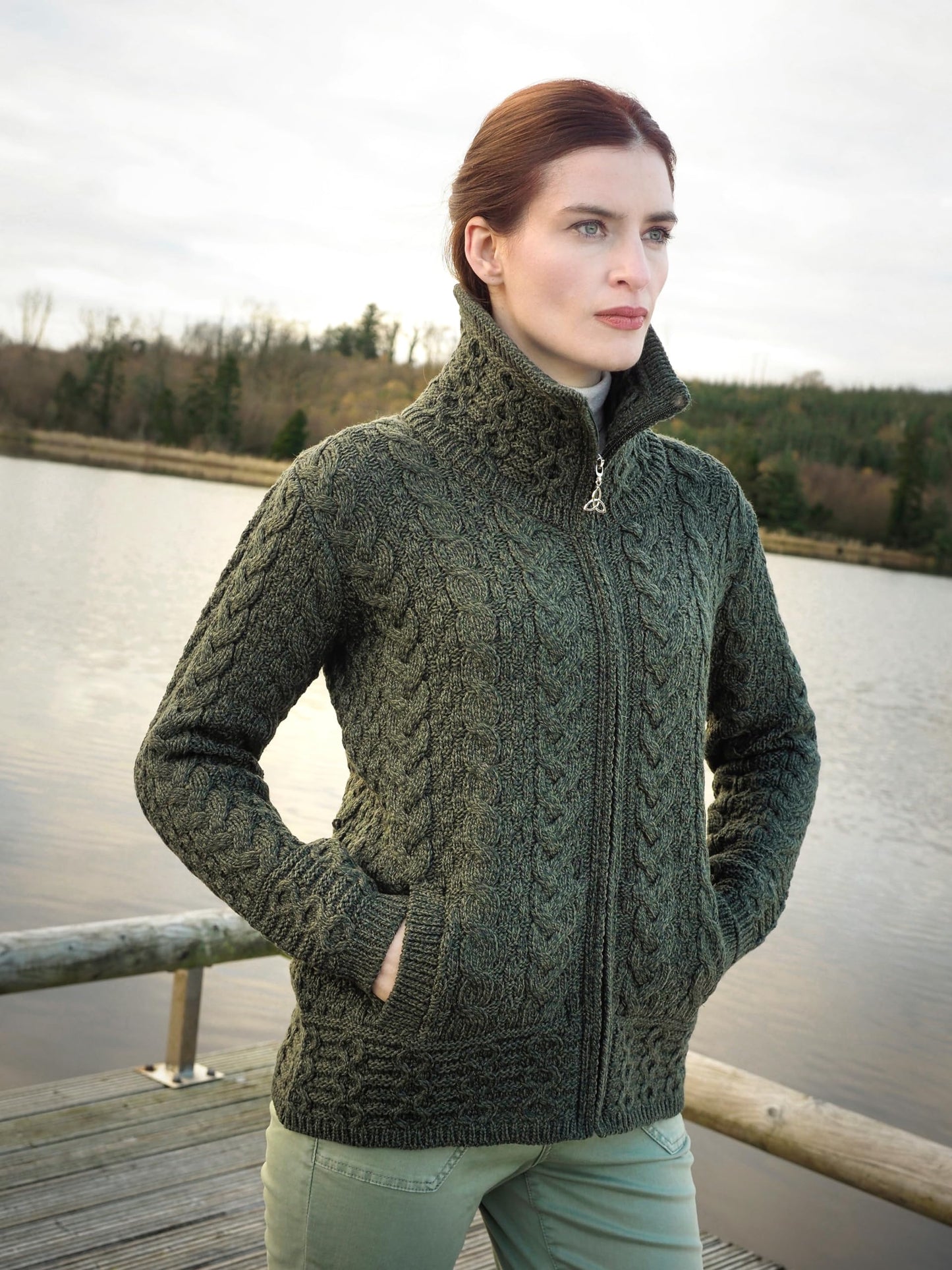 Aran Crafts Irish Women's Double Collar Zip Cardigan (100% Merino Wool)