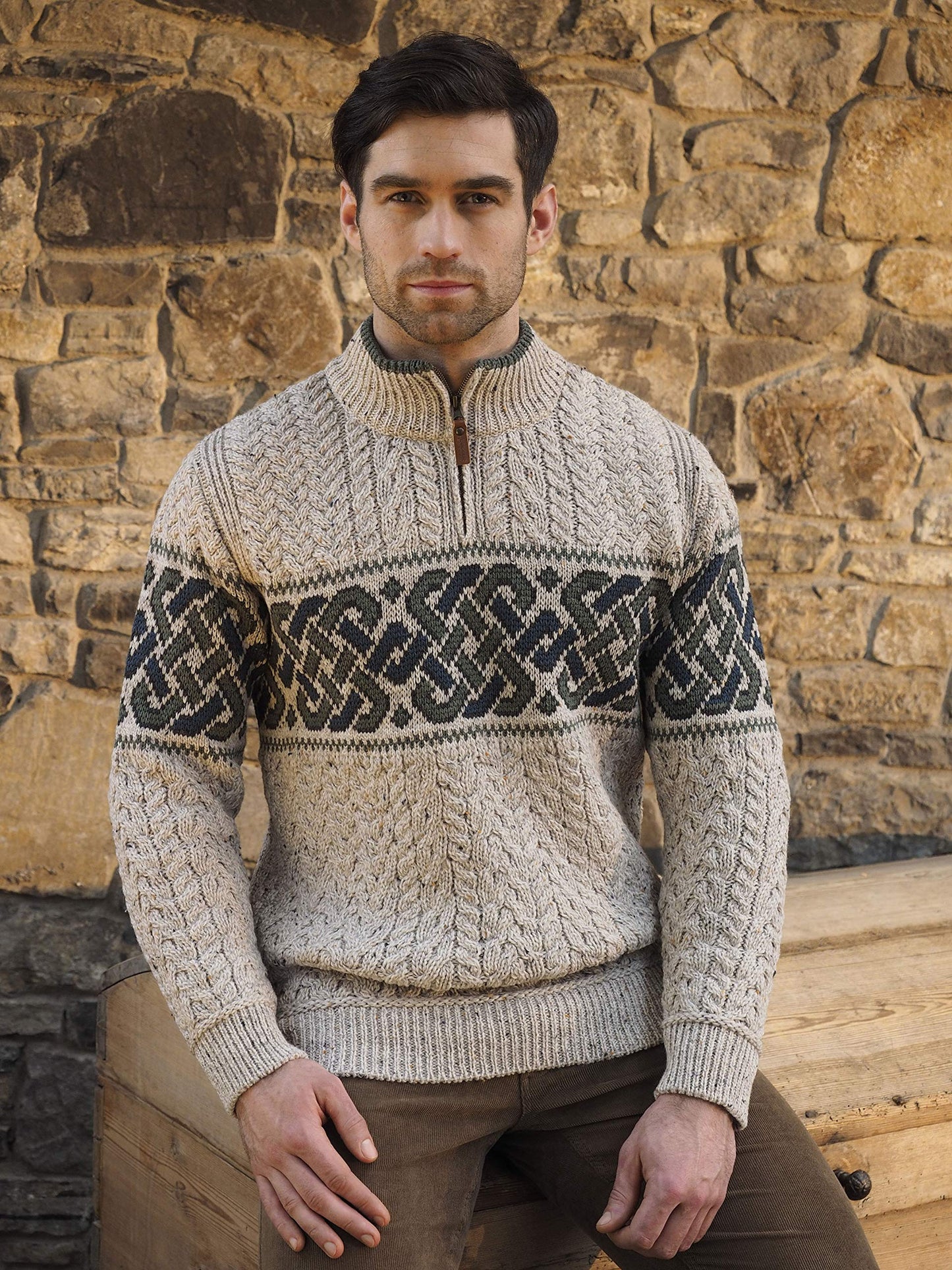 Aran Crafts Men's Irish Cable Knit Half Zip Jacquard Sweater (100% Merino Wool)