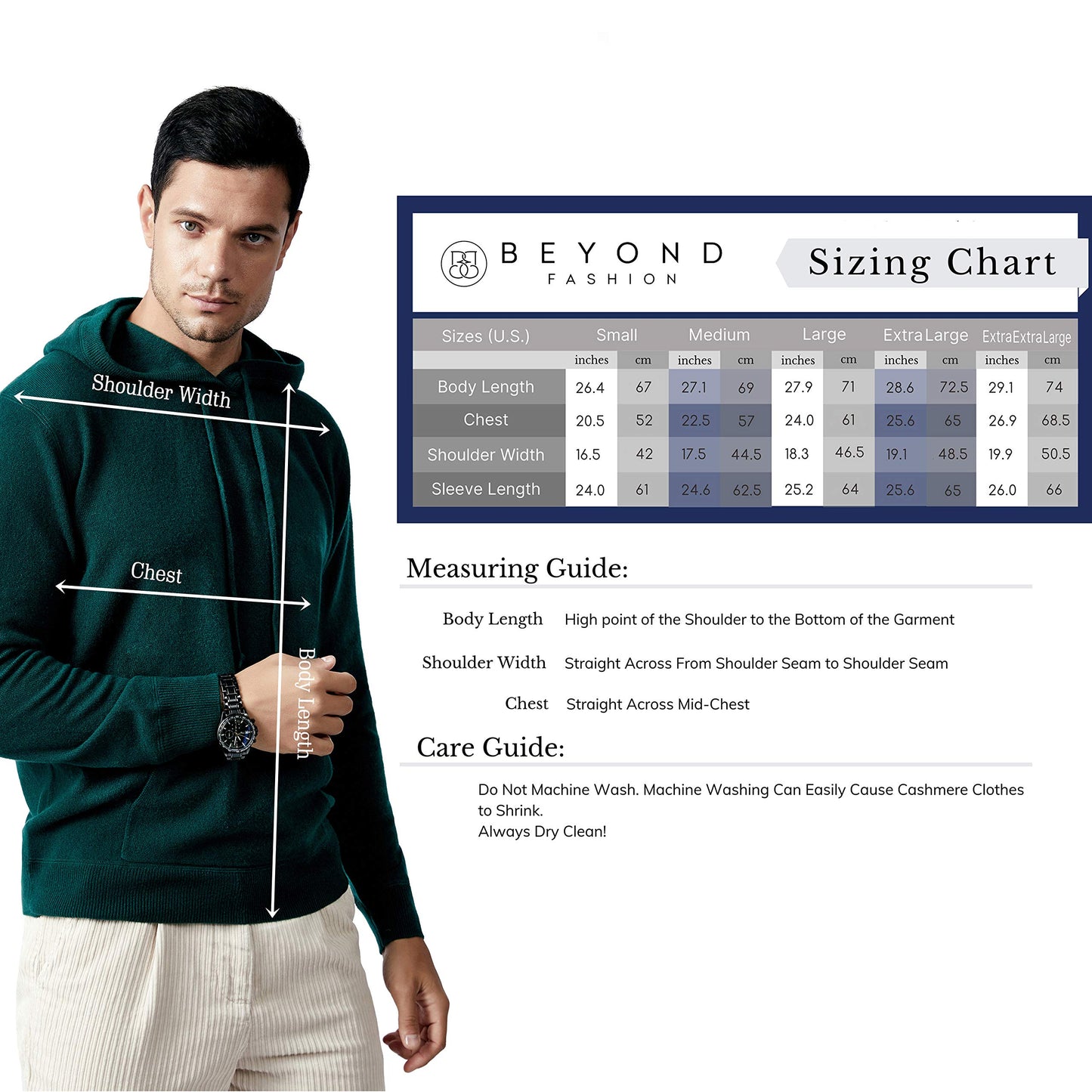 BEYOND FASHION Men's Sweater Pocket Hoodie Pullover - 100% Pure Cashmere