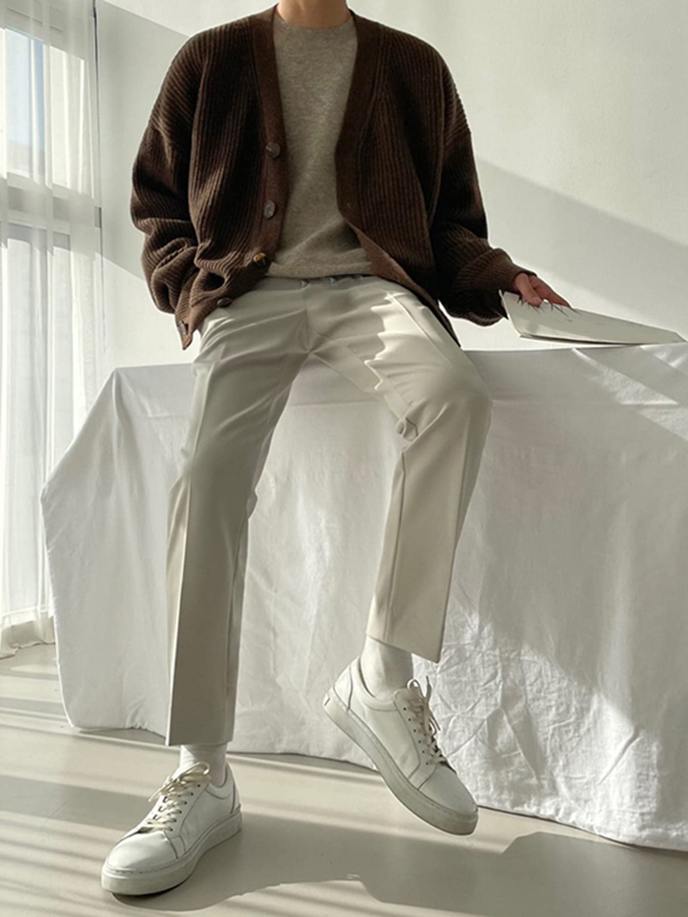 Floerns Men's Casual Long Sleeve Button Front V Neck Rib Knit Cardigan Sweaters