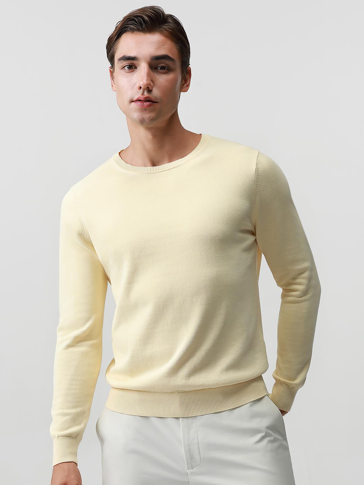 Pure BCI Cotton Lightweight Sweater for Men Crewneck T-Shirts Casual Long Sleeve Knit Pullover Fall Spring