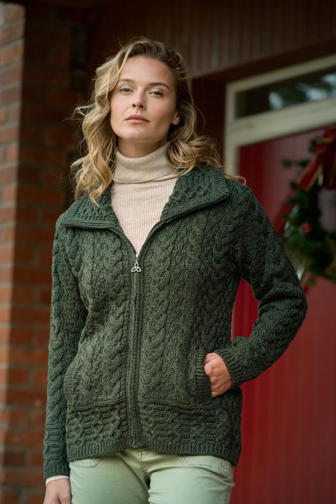 Aran Crafts Irish Women's Double Collar Zip Cardigan (100% Merino Wool)