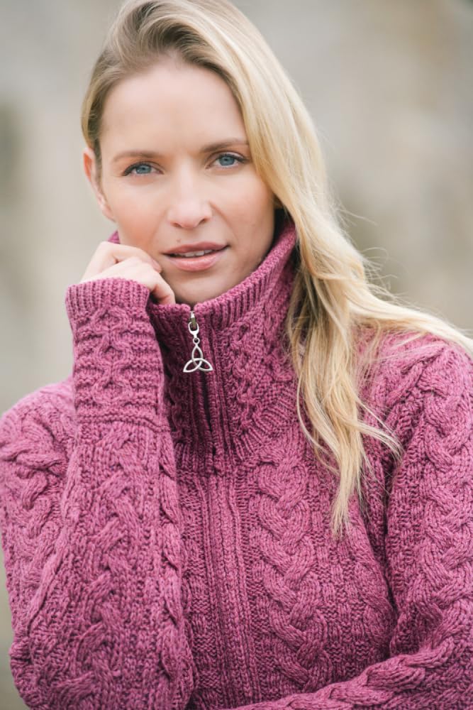 Aran Crafts Irish Women's Double Collar Zip Cardigan (100% Merino Wool)