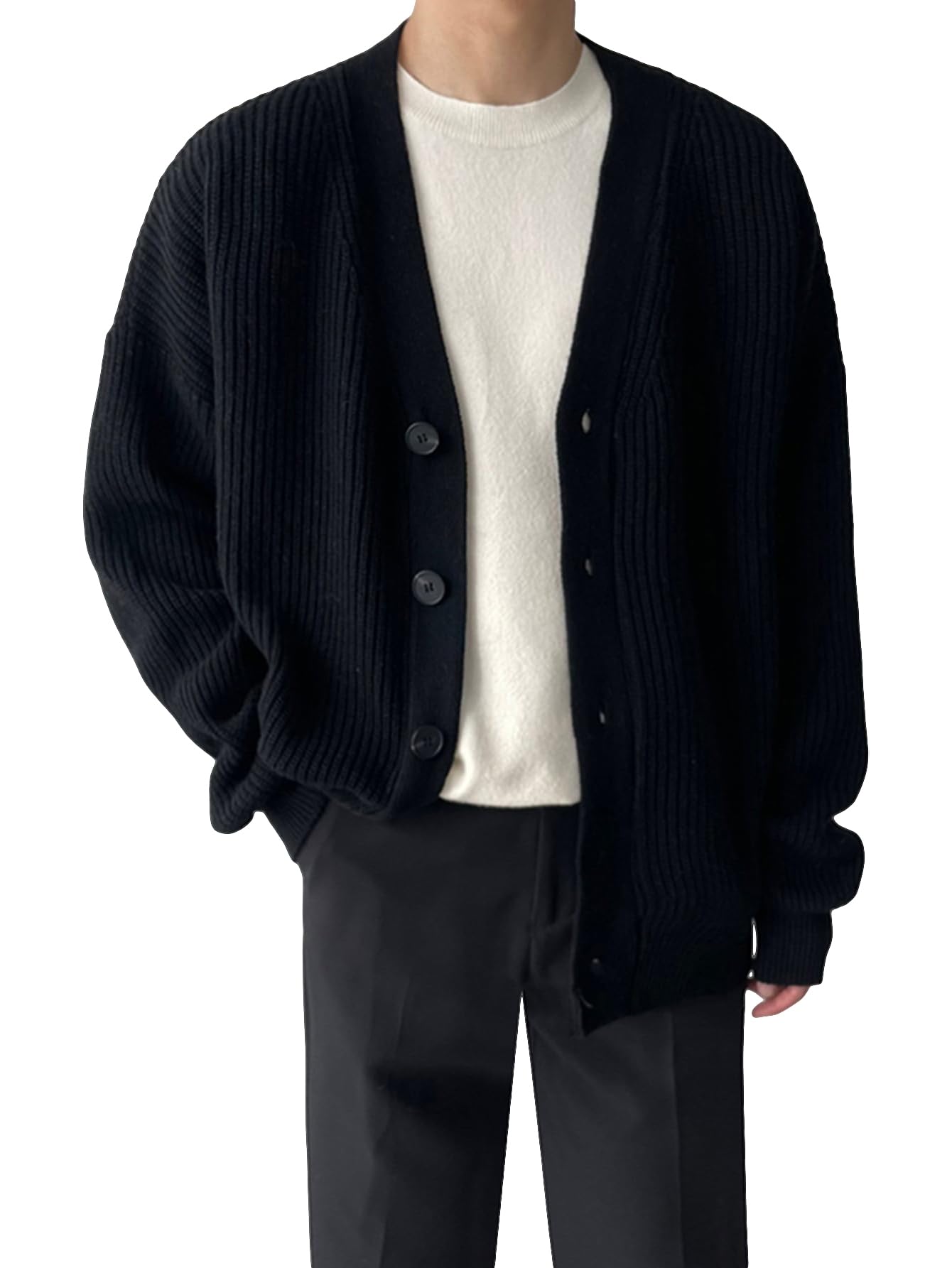 Floerns Men's Casual Long Sleeve Button Front V Neck Rib Knit Cardigan Sweaters