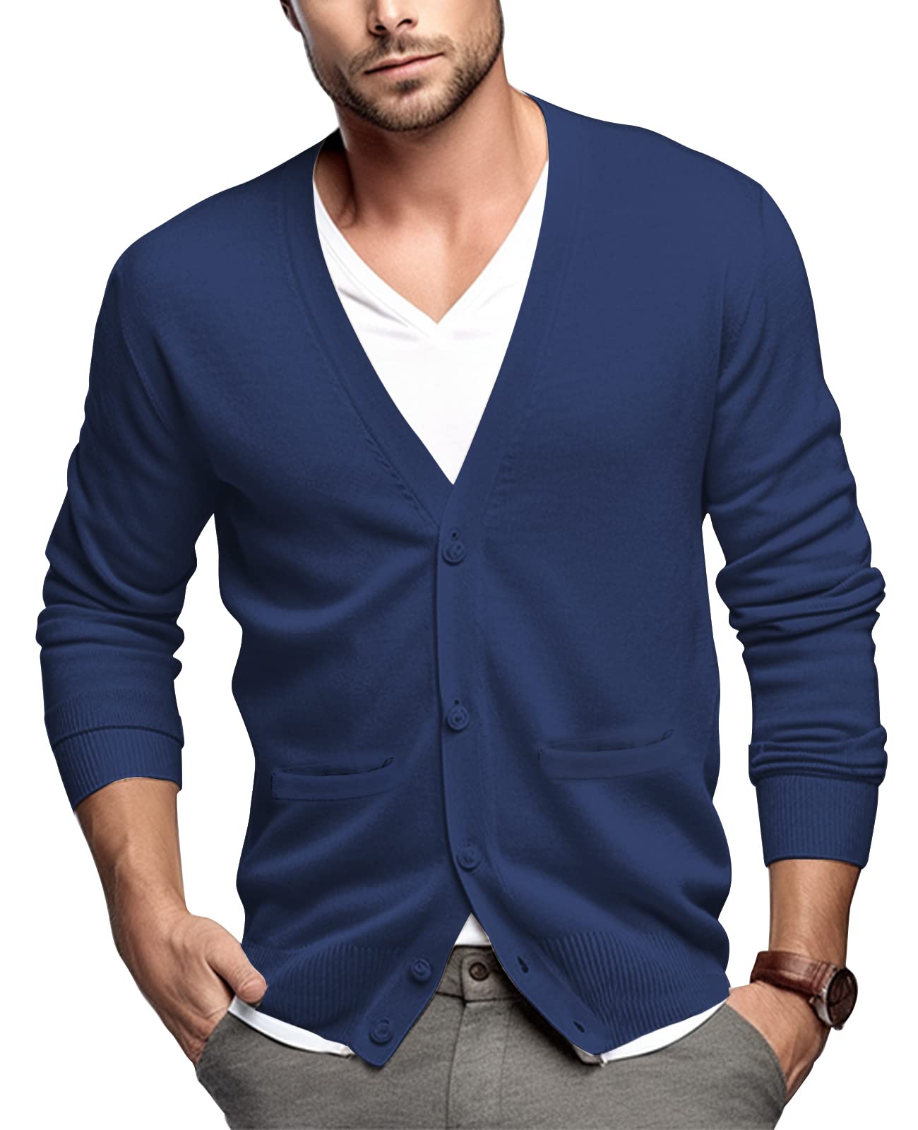QUALFORT Men's 100% Cotton Cardigan Sweater Casual V-Neck Button Down Knitted Outerwear with Pockets Fall Fashion 2025