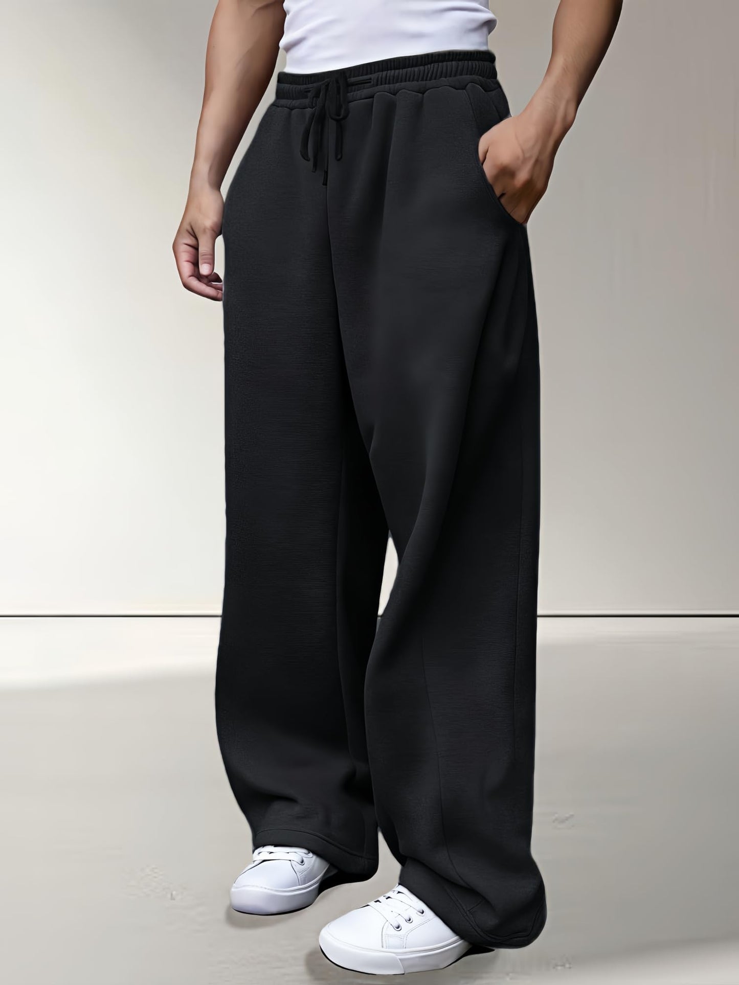 Men’s Baggy Sweatpants Wide Leg with Elastic Drawstring Waist, Casual Loose Lounge Joggers with Deep Pockets Fleece Comfort