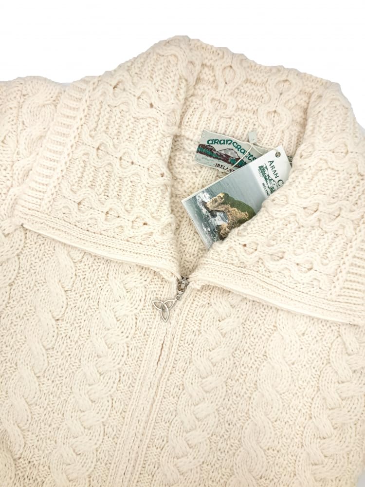 Aran Crafts Irish Women's Double Collar Zip Cardigan (100% Merino Wool)