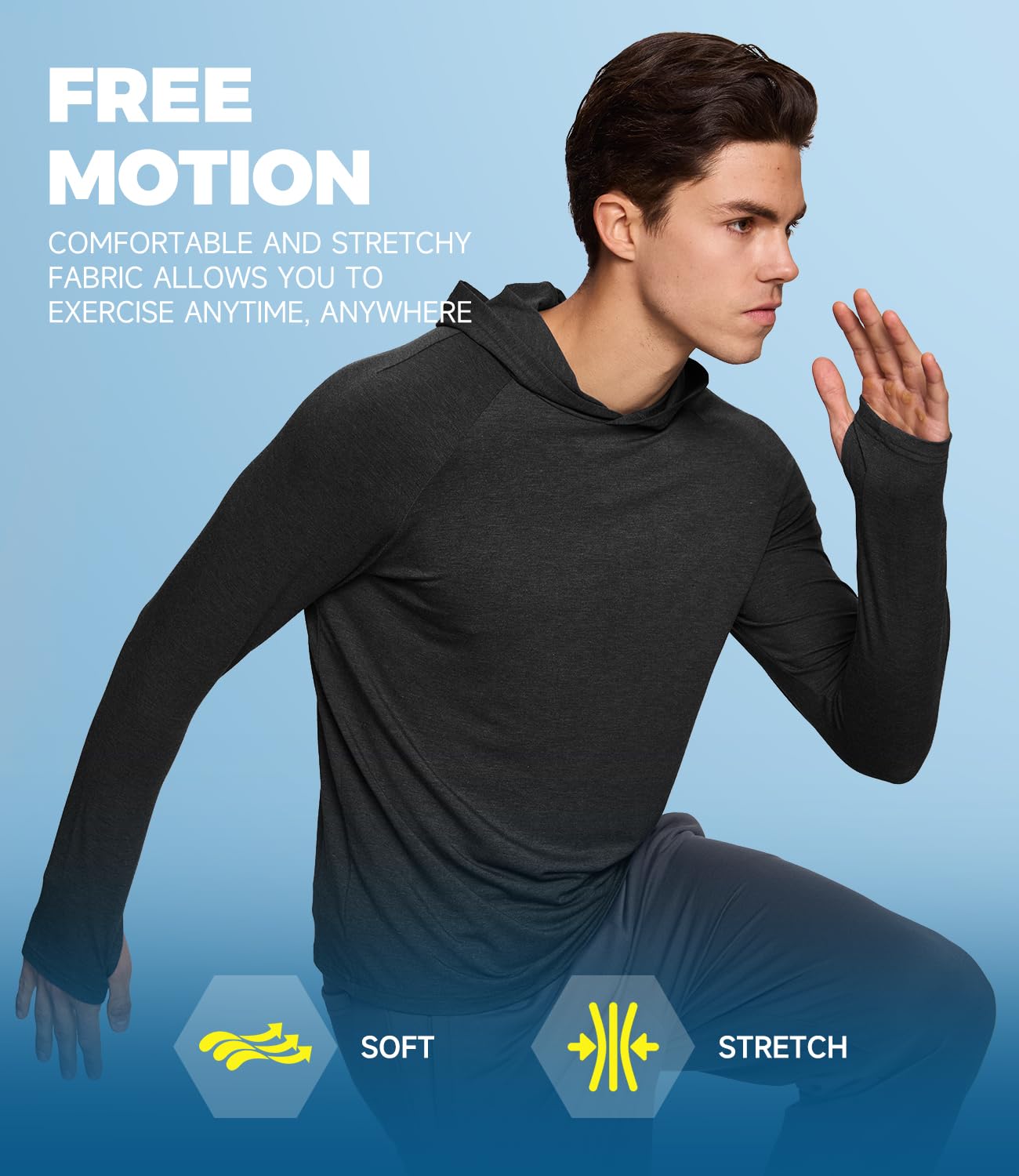 BAMBOO COOL Men's UPF 50+ Athletic Sun Protection Hoodies Long Sleeve SPF Fishing Thumbhole Shirts Hooded Soft Lightweight