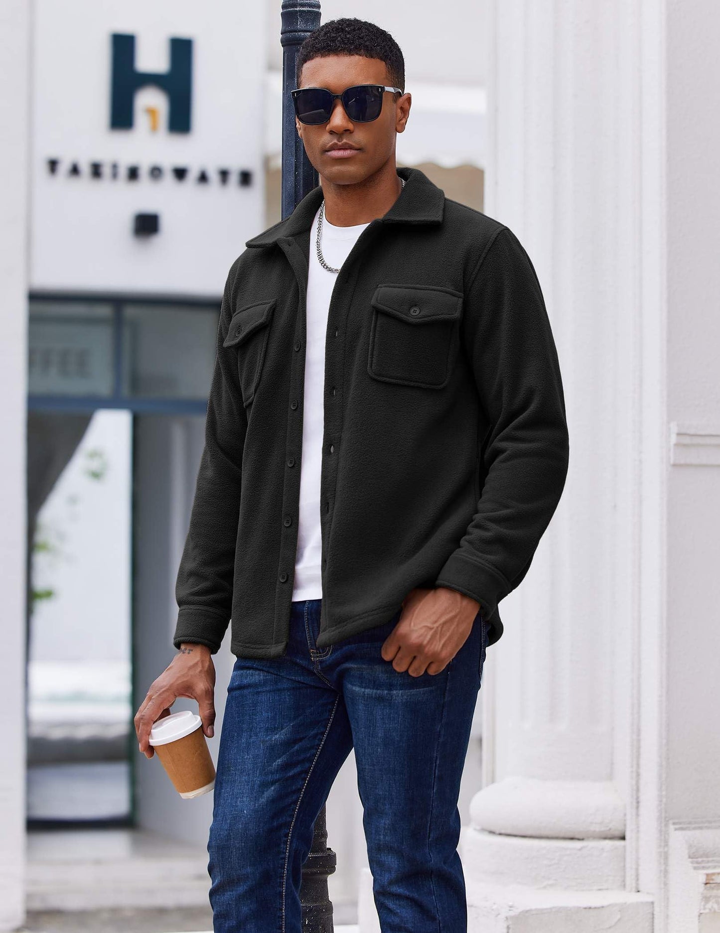 COOFANDY Men's Polar Fleece Shirt Jacket Long Sleeve Casual Button Down Shirts Shacket with Pockets