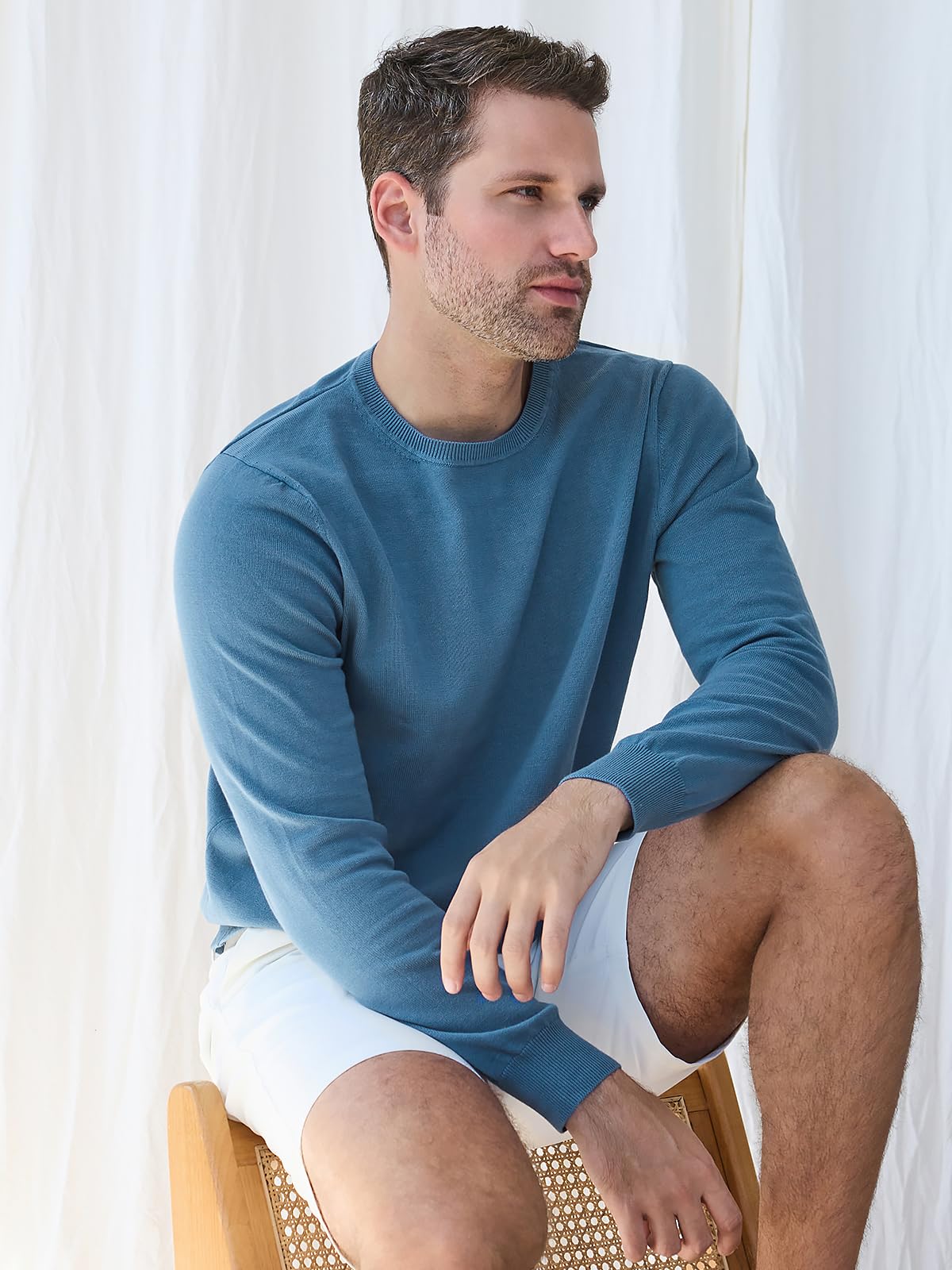 Pure BCI Cotton Lightweight Sweater for Men Crewneck T-Shirts Casual Long Sleeve Knit Pullover Fall Spring
