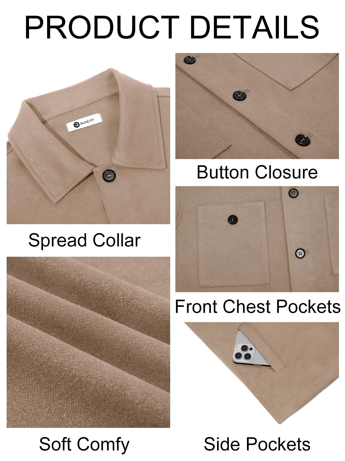 Runcati Mens Lightweight Shirt Jacket Button Down Long Sleeve Shacket Casual Fall Warm Work Stylish Jackets with Pocket