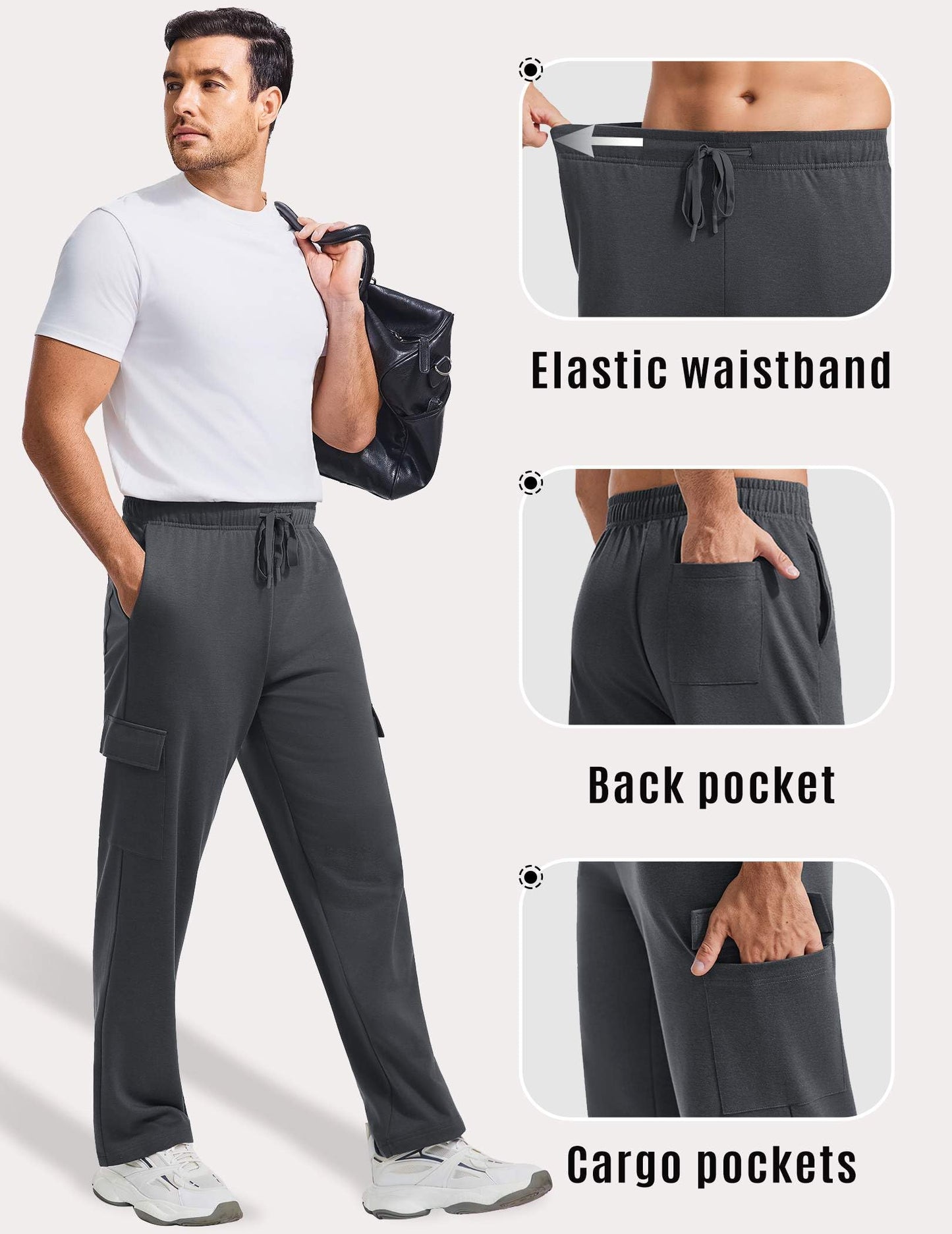 PINSPARK Cargo Sweatpants for Men with Pockets Open Bottom Baggy Cotton Sweatpants Lightweight Lounge Sweat Pants for Yoga