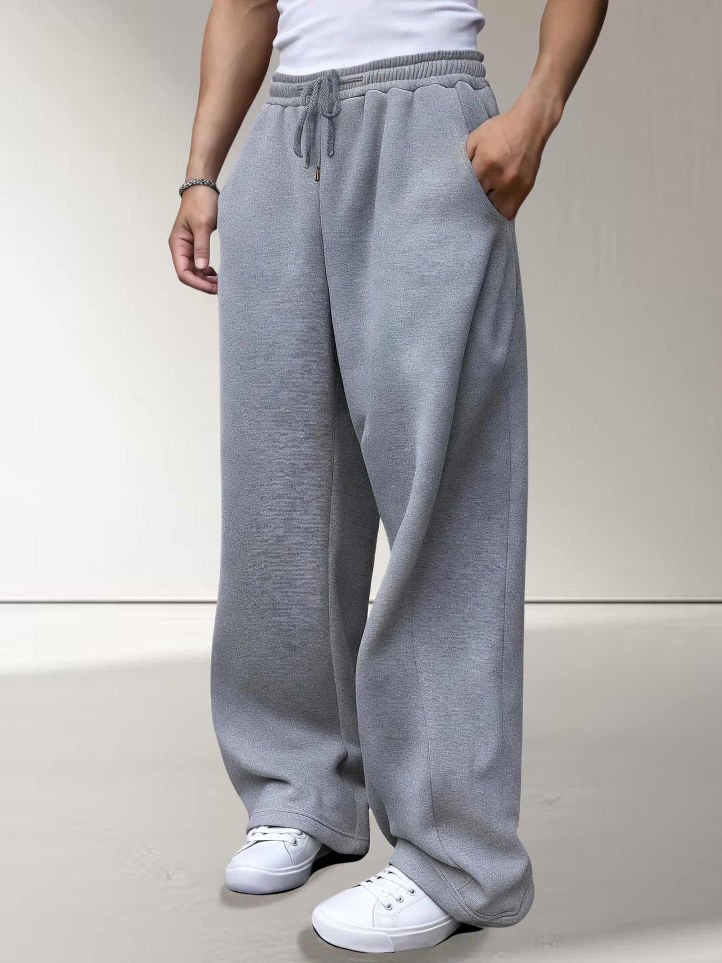 Men’s Baggy Sweatpants Wide Leg with Elastic Drawstring Waist, Casual Loose Lounge Joggers with Deep Pockets Fleece Comfort