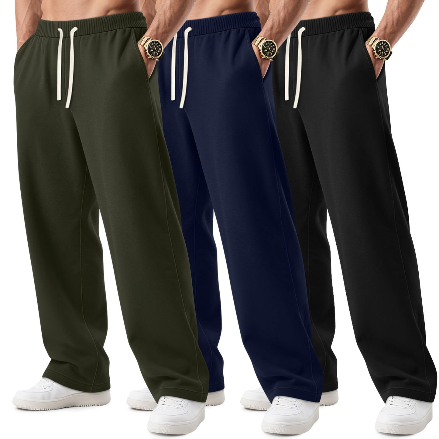 3 Pack Big and Tall Men's Sweatpants Open Bottom Athletic Pants Drawstring Elastic Waist with Pockets