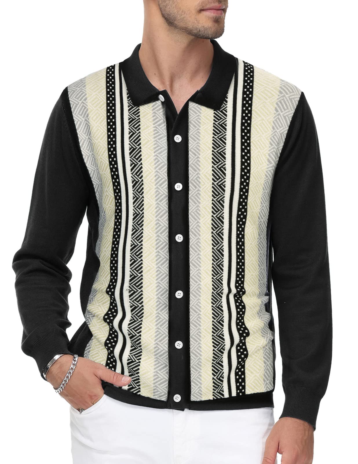 PJ PAUL JONES Men‘s Button Down Polo Shirts Striped Knitted Cardigan Sweaters