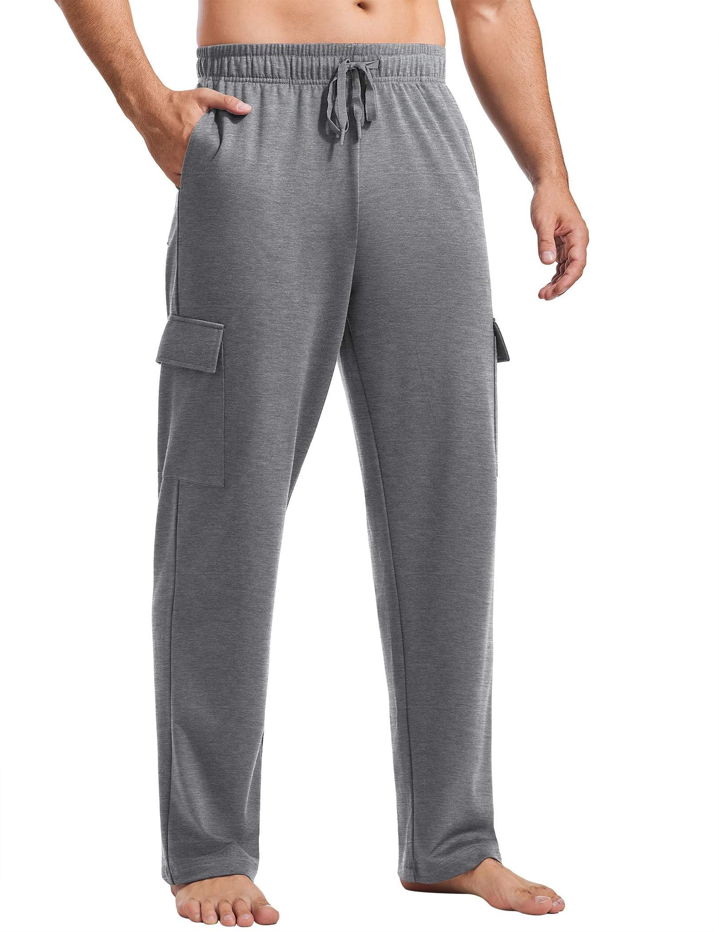 PINSPARK Cargo Sweatpants for Men with Pockets Open Bottom Baggy Cotton Sweatpants Lightweight Lounge Sweat Pants for Yoga