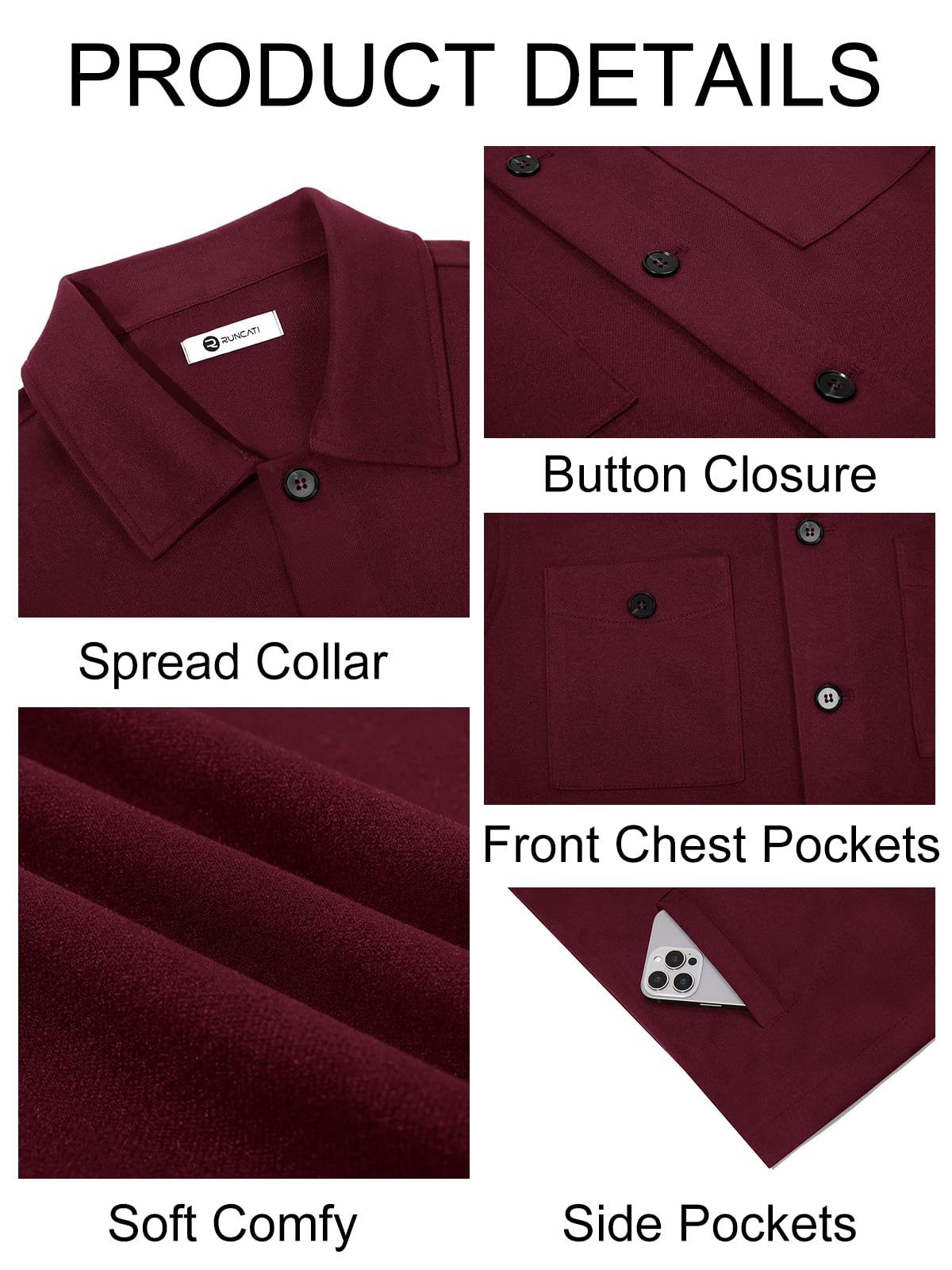 Runcati Mens Lightweight Shirt Jacket Button Down Long Sleeve Shacket Casual Fall Warm Work Stylish Jackets with Pocket