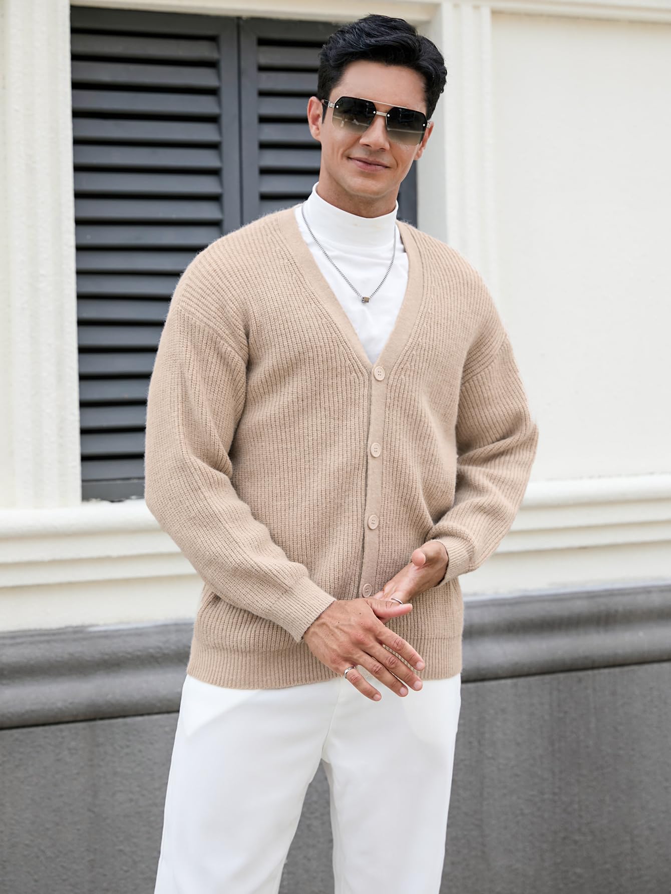 Floerns Men's Casual Long Sleeve Button Front V Neck Rib Knit Cardigan Sweaters