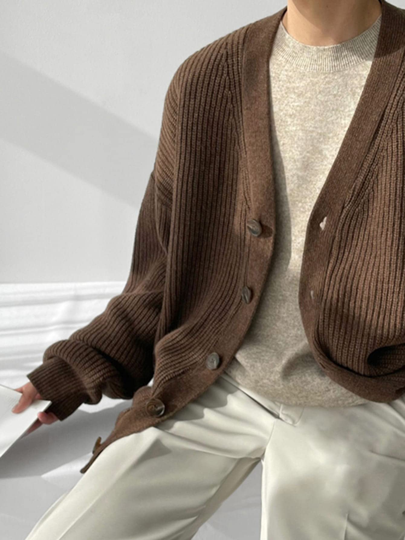 Floerns Men's Casual Long Sleeve Button Front V Neck Rib Knit Cardigan Sweaters