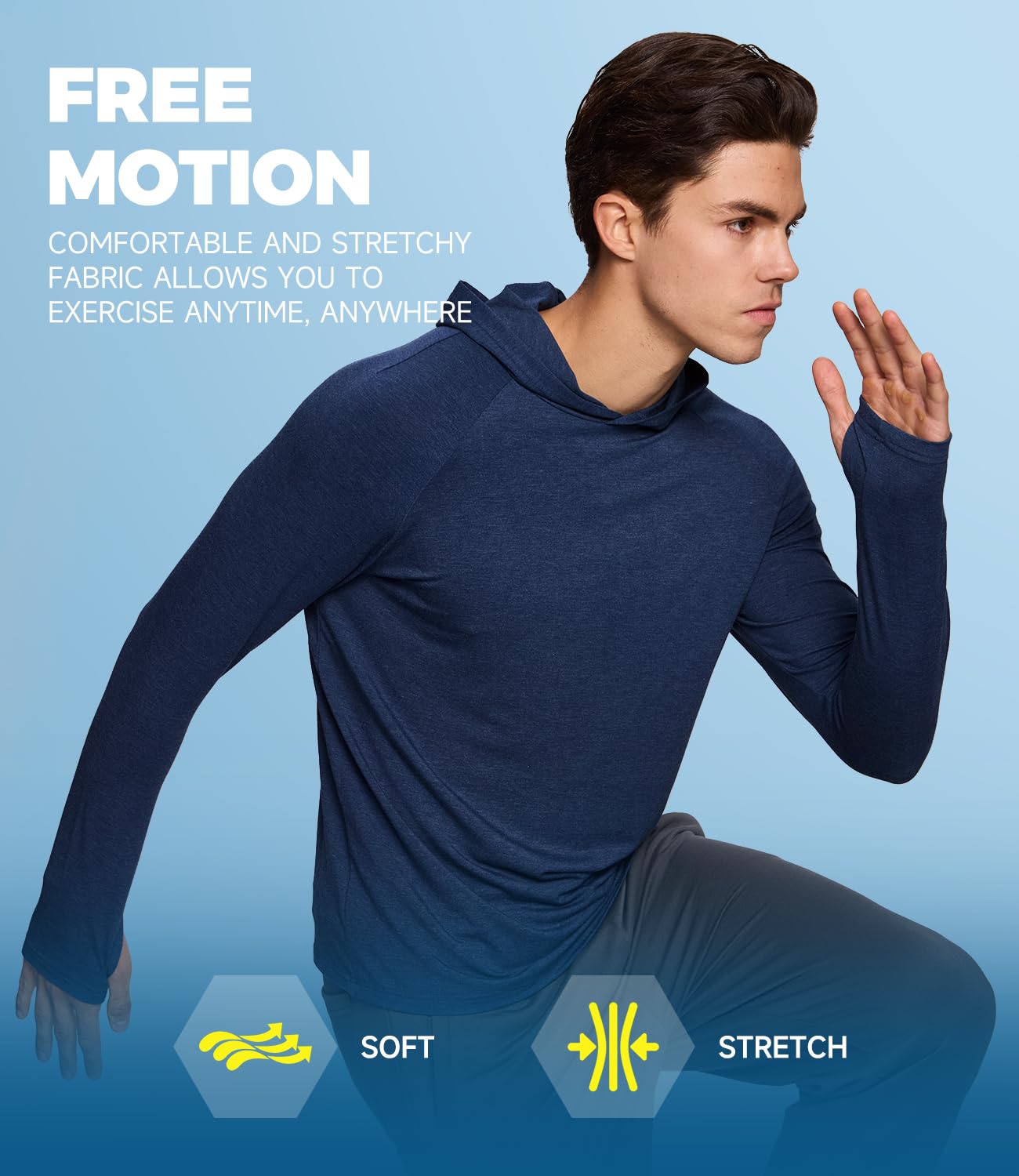 BAMBOO COOL Men's UPF 50+ Athletic Sun Protection Hoodies Long Sleeve SPF Fishing Thumbhole Shirts Hooded Soft Lightweight