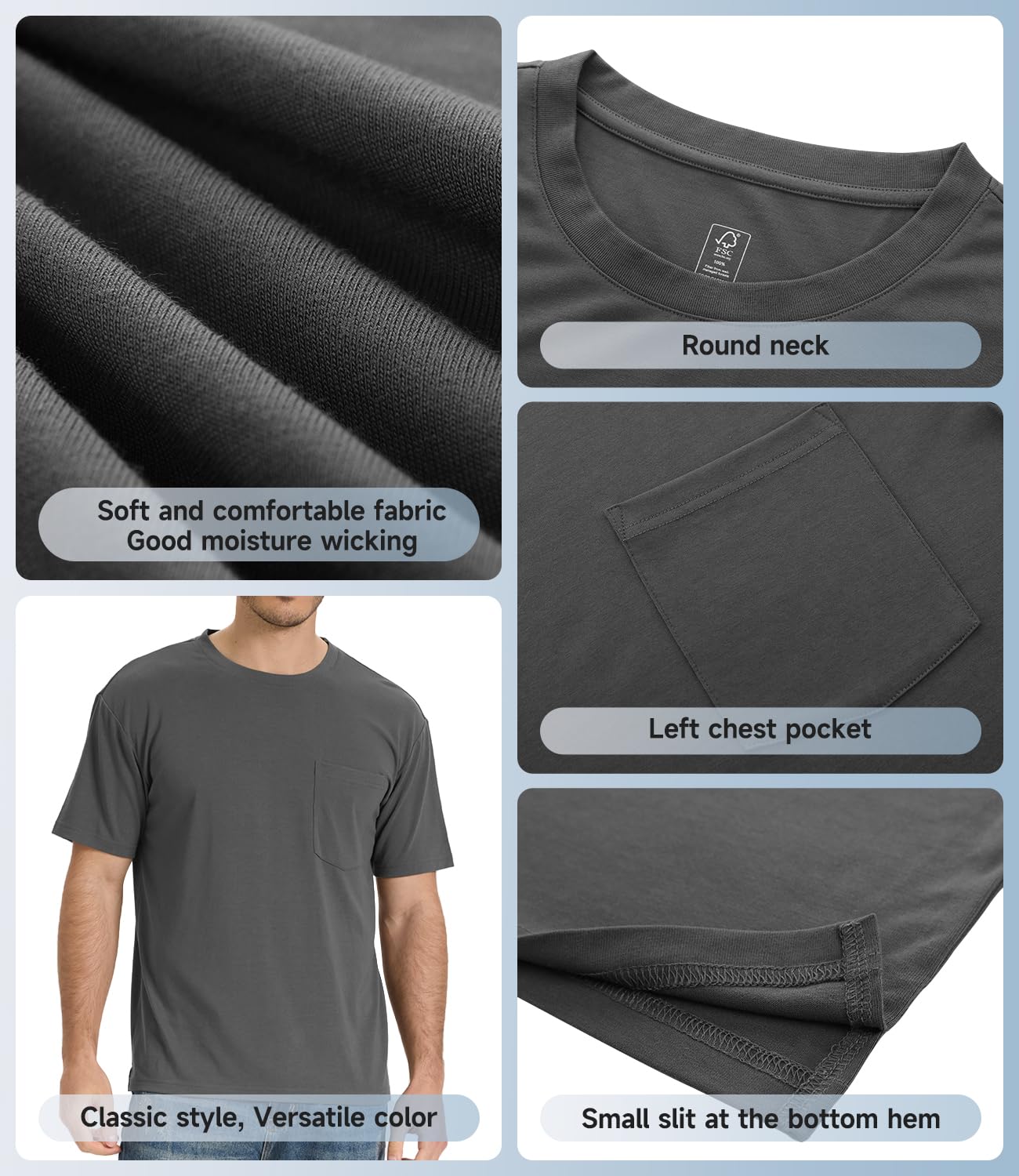 BAMBOO COOL Men's Pocket T-Shirts Heavy Weight Moisture-Wicking Tee Shirts Crewneck Short Sleeve T Shirts