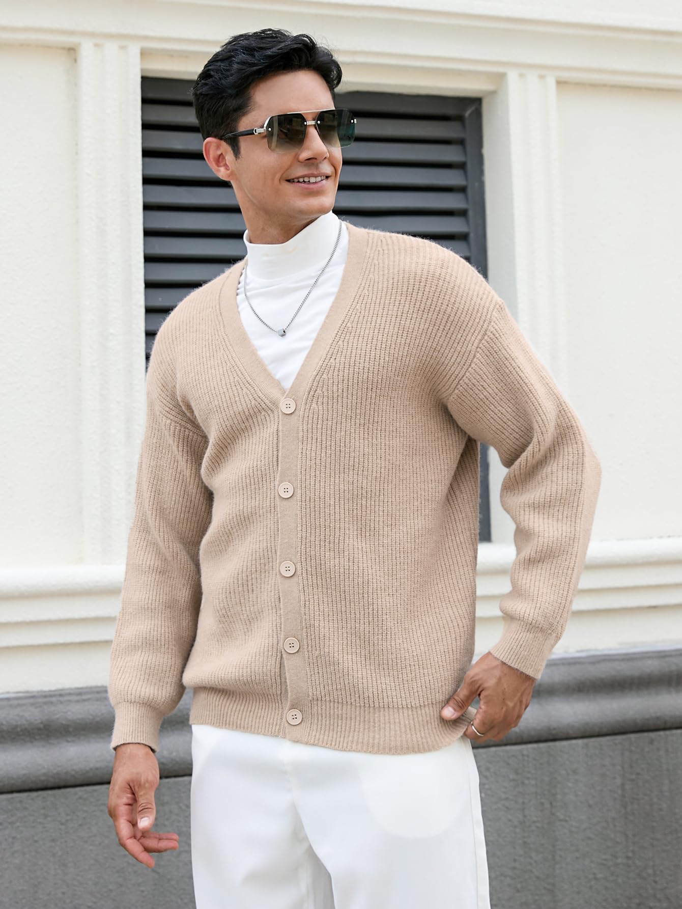 Floerns Men's Casual Long Sleeve Button Front V Neck Rib Knit Cardigan Sweaters