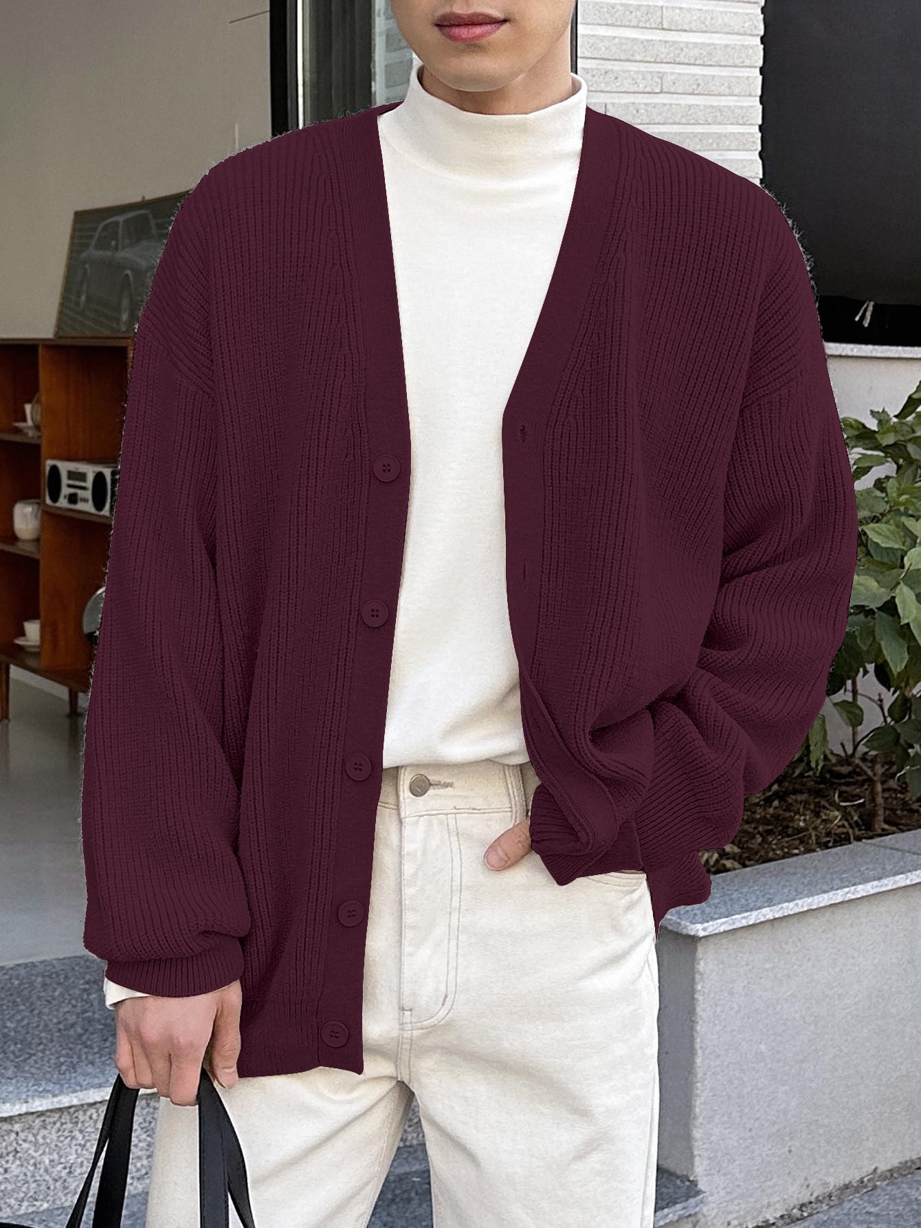Floerns Men's Casual Long Sleeve Button Front V Neck Rib Knit Cardigan Sweaters