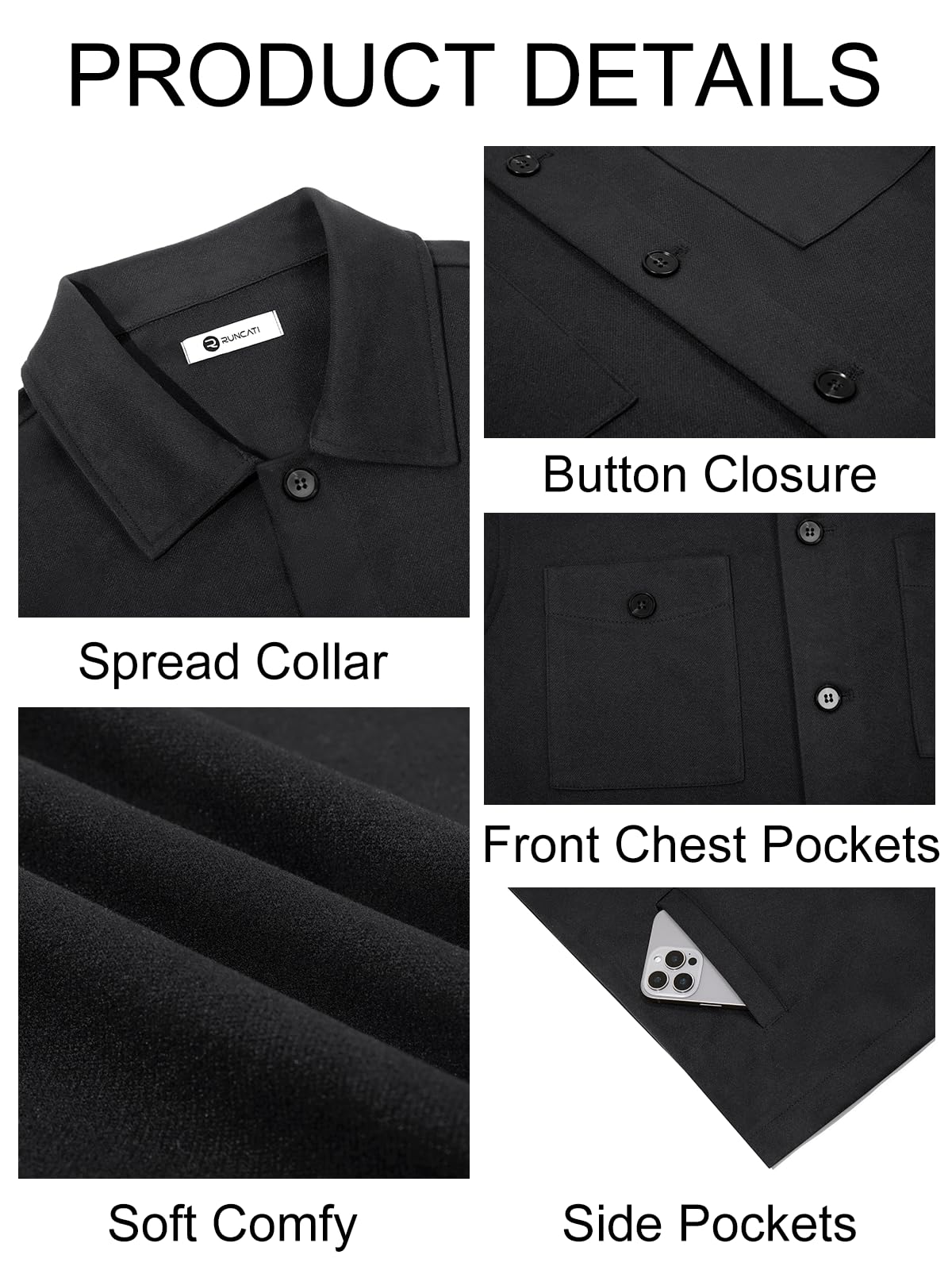 Runcati Mens Lightweight Shirt Jacket Button Down Long Sleeve Shacket Casual Fall Warm Work Stylish Jackets with Pocket