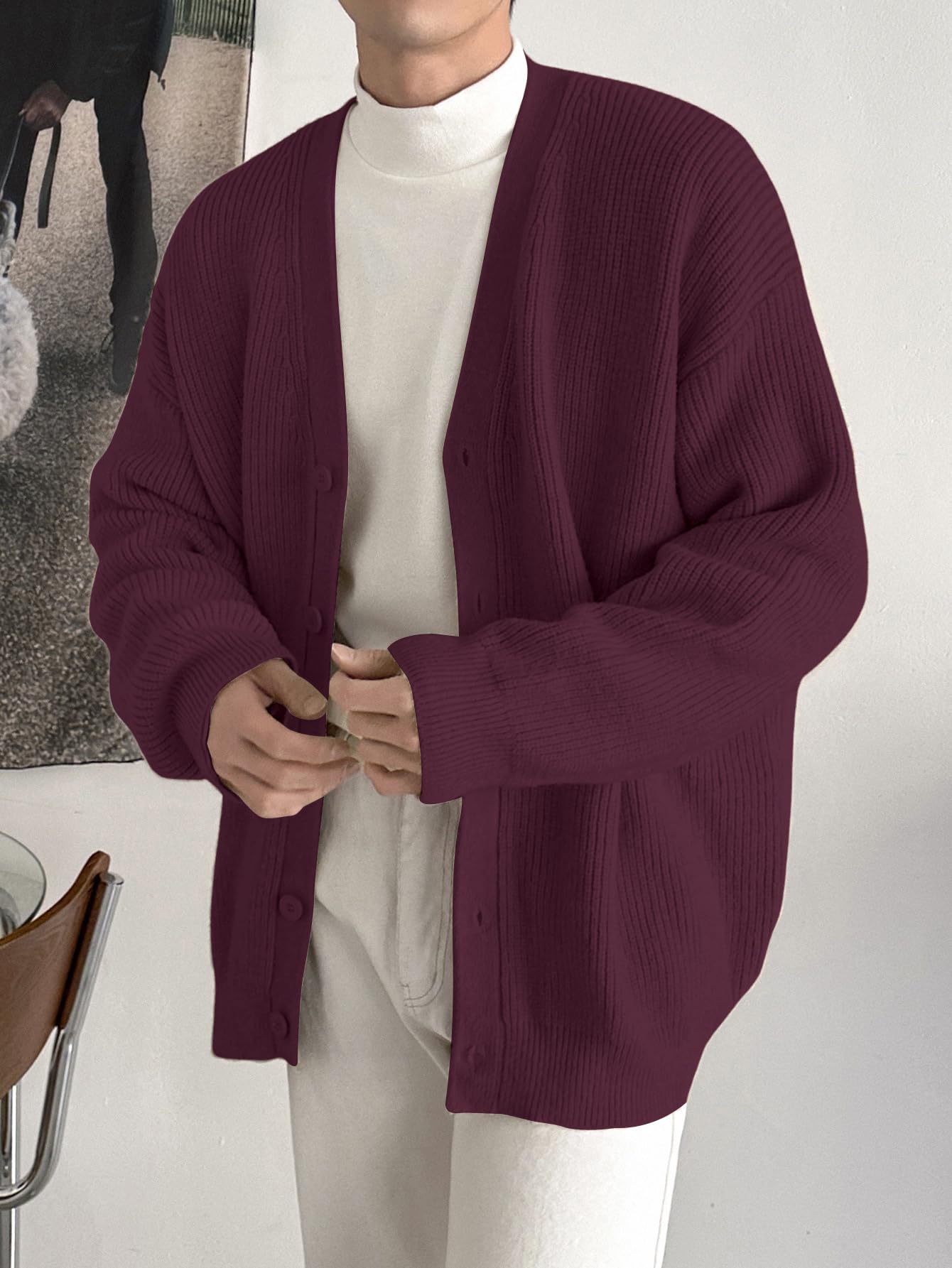 Floerns Men's Casual Long Sleeve Button Front V Neck Rib Knit Cardigan Sweaters
