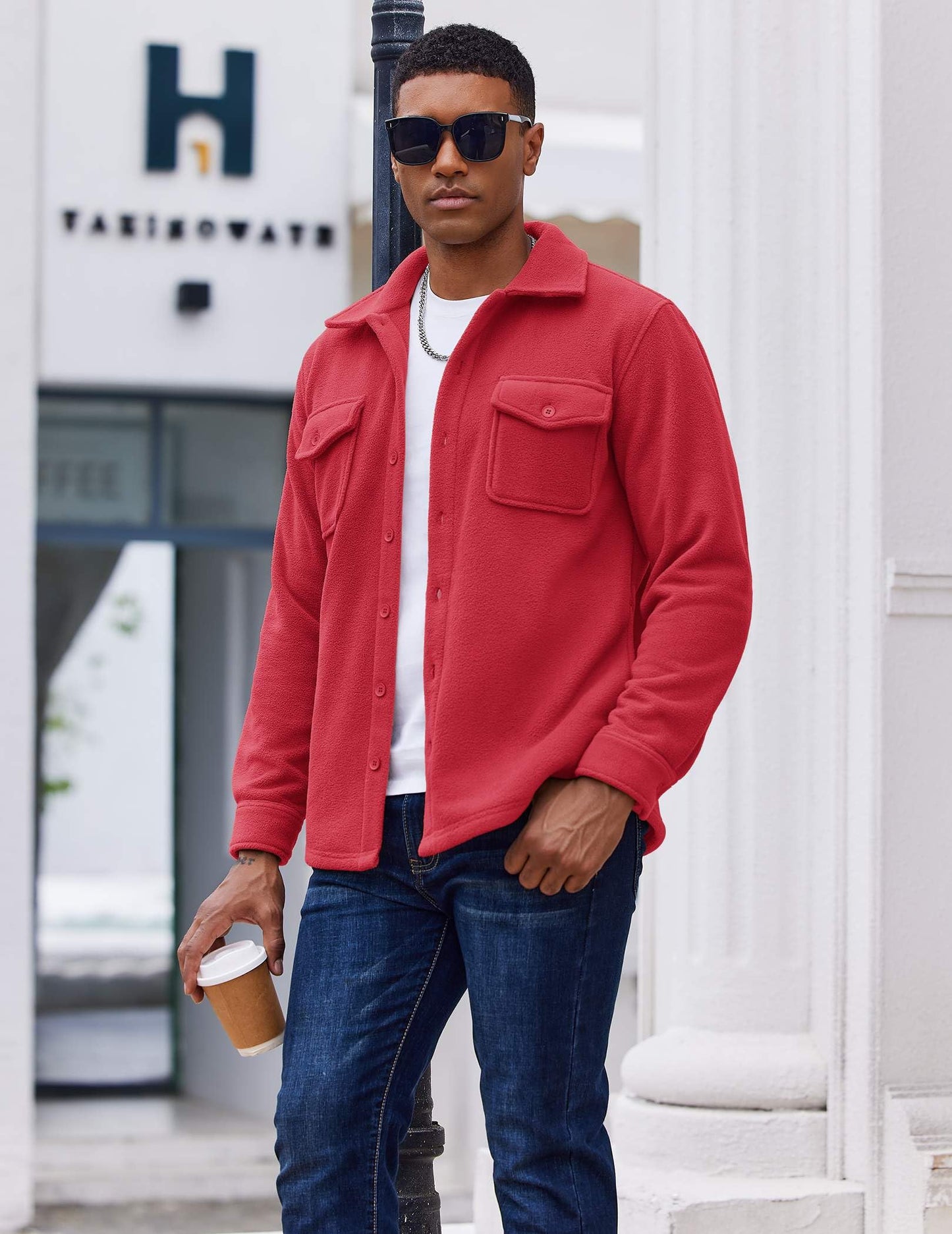 COOFANDY Men's Polar Fleece Shirt Jacket Long Sleeve Casual Button Down Shirts Shacket with Pockets