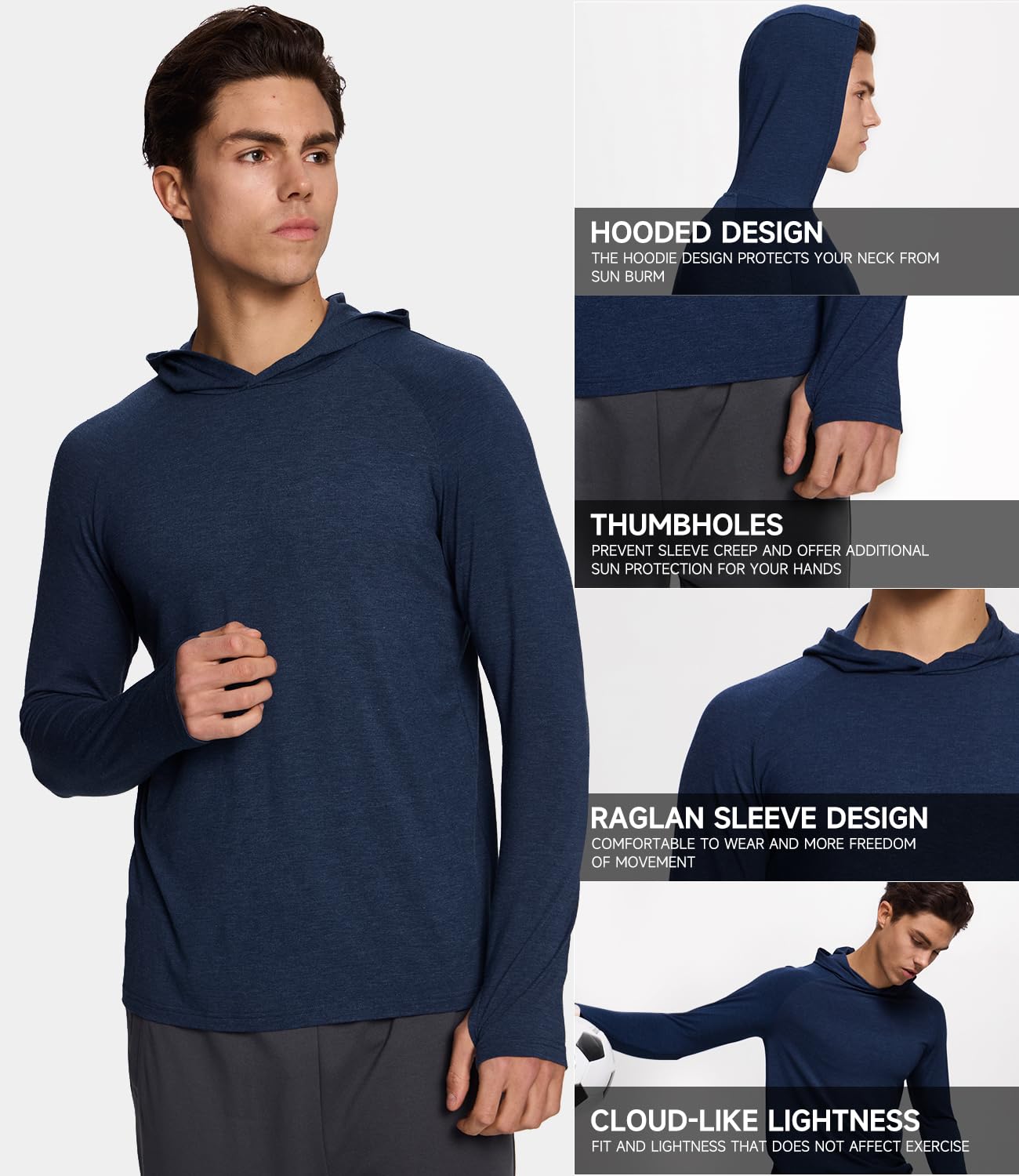 BAMBOO COOL Men's UPF 50+ Athletic Sun Protection Hoodies Long Sleeve SPF Fishing Thumbhole Shirts Hooded Soft Lightweight