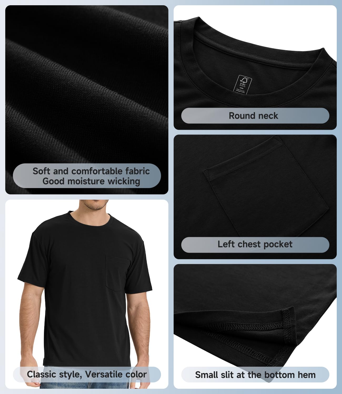 BAMBOO COOL Men's Pocket T-Shirts Heavy Weight Moisture-Wicking Tee Shirts Crewneck Short Sleeve T Shirts