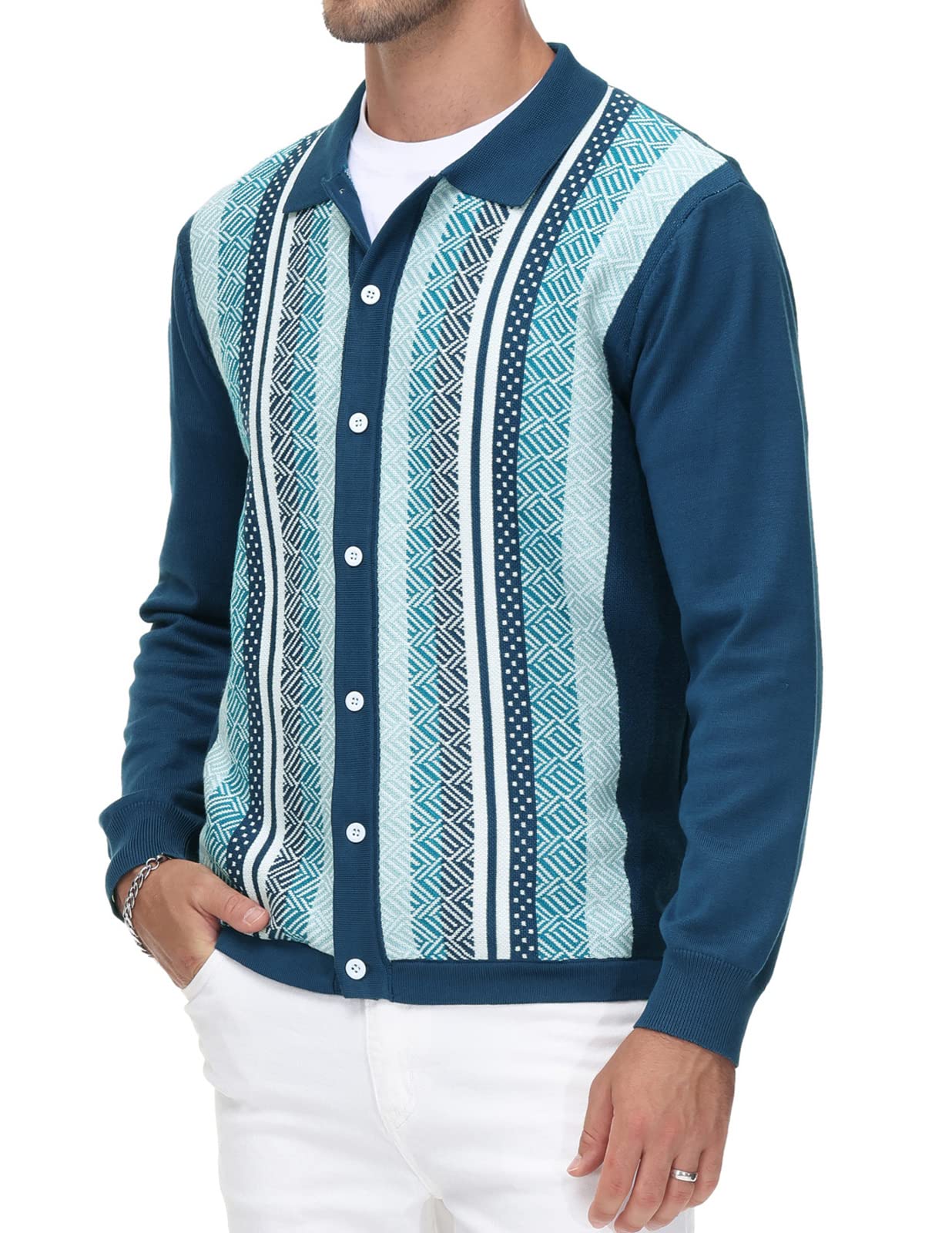 PJ PAUL JONES Men‘s Button Down Polo Shirts Striped Knitted Cardigan Sweaters