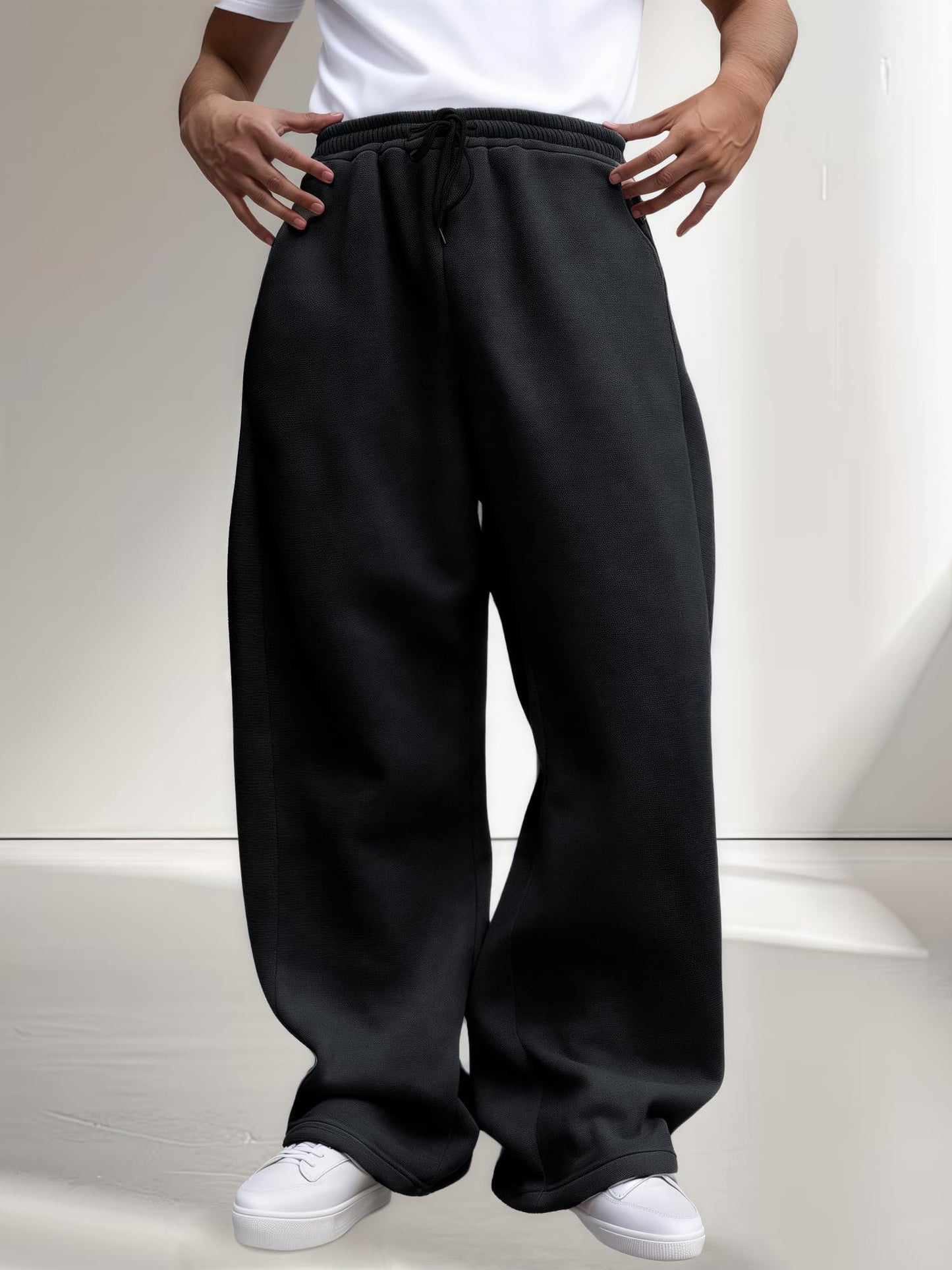 Men’s Baggy Sweatpants Wide Leg with Elastic Drawstring Waist, Casual Loose Lounge Joggers with Deep Pockets Fleece Comfort