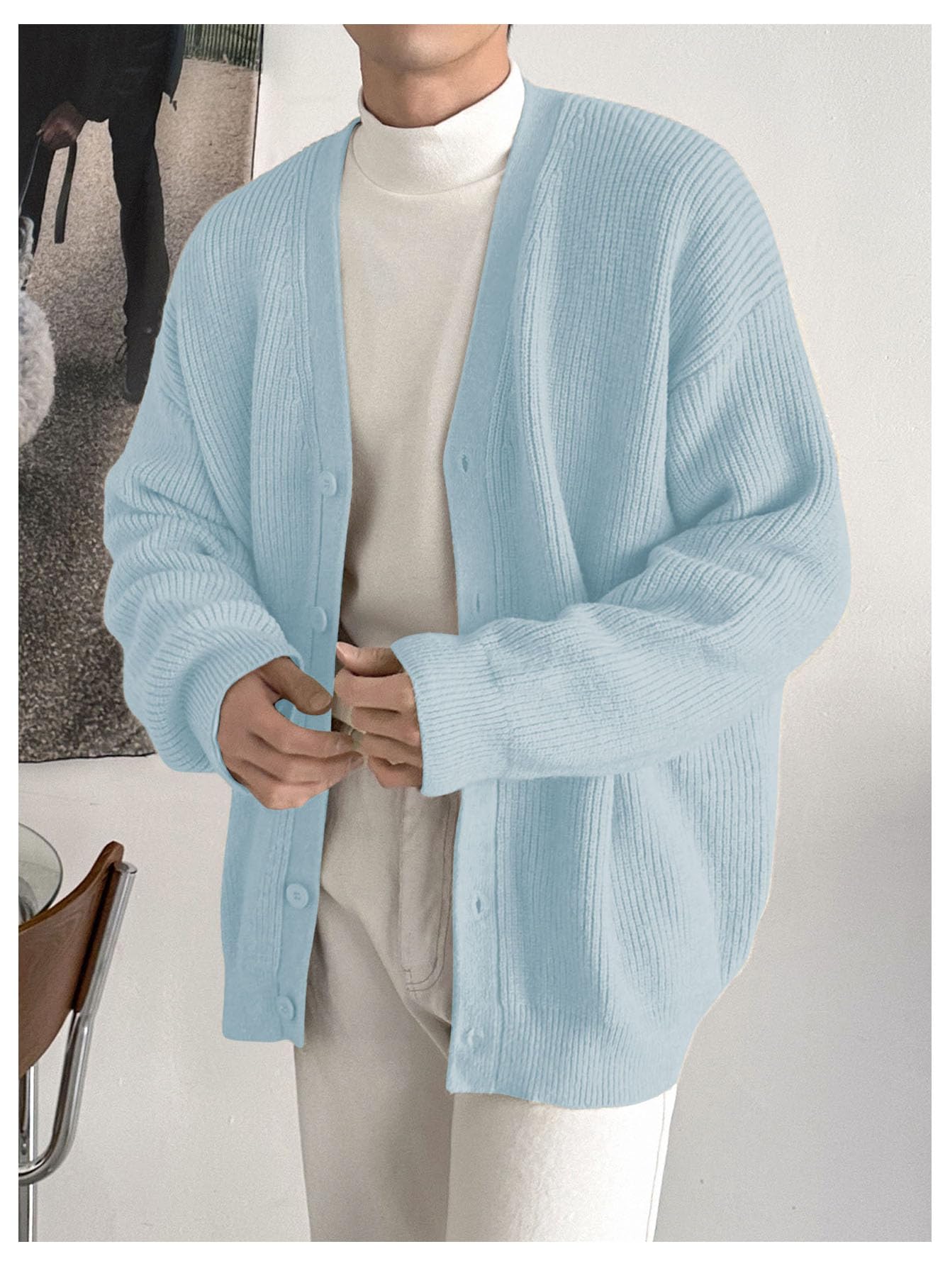 Floerns Men's Casual Long Sleeve Button Front V Neck Rib Knit Cardigan Sweaters