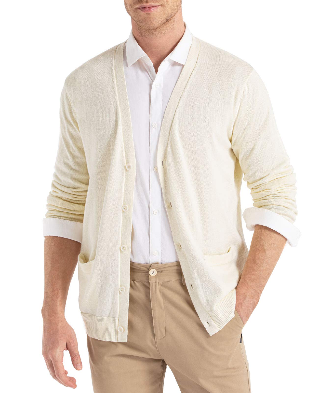 QUALFORT Men's 100% Cotton Cardigan Sweater Casual V-Neck Button Down Knitted Outerwear with Pockets Fall Fashion 2025