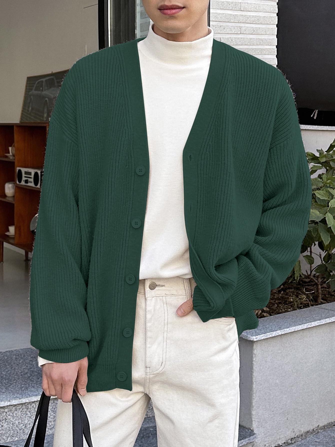 Floerns Men's Casual Long Sleeve Button Front V Neck Rib Knit Cardigan Sweaters